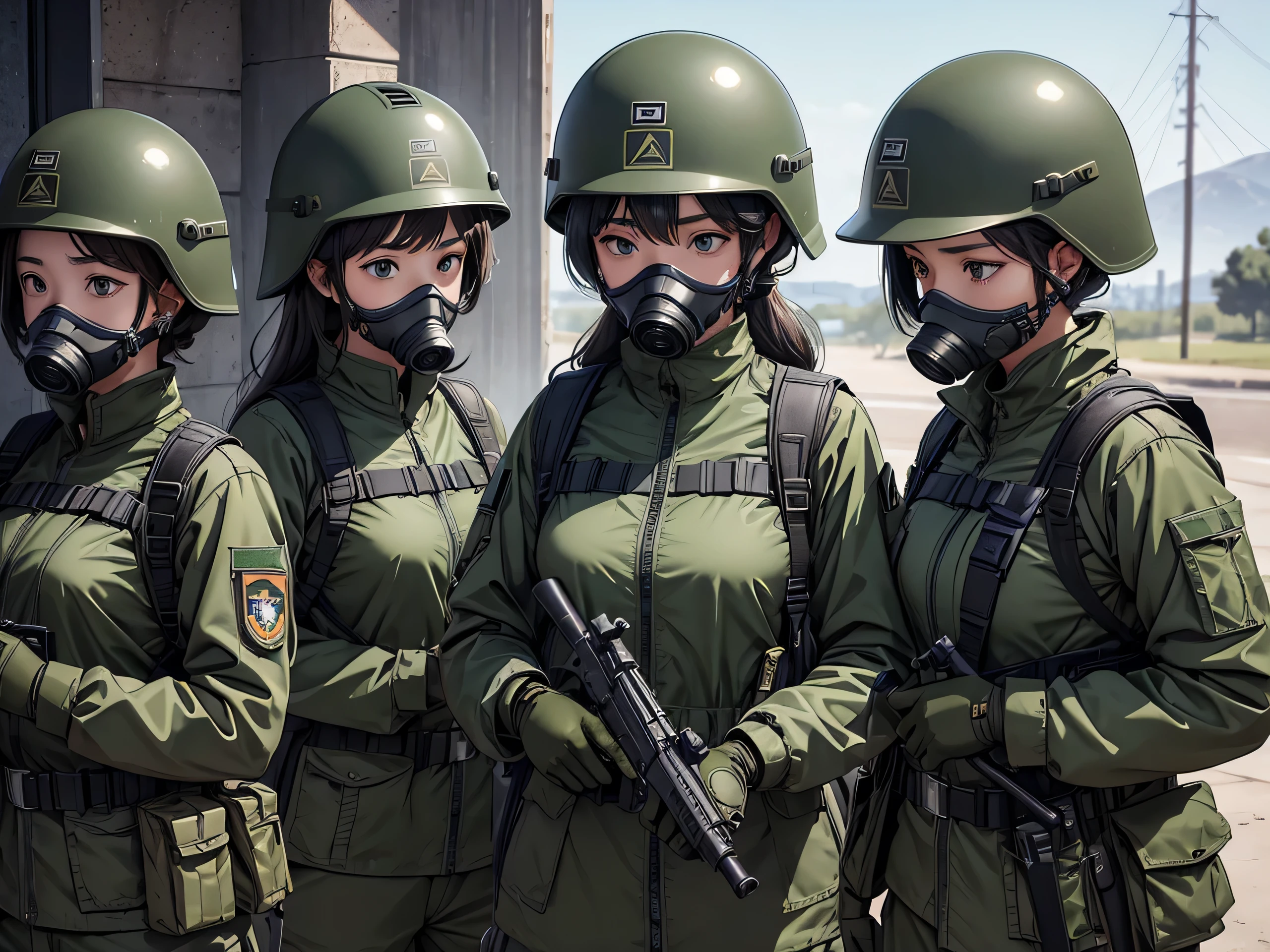 Four female soldiers in helmets standing guard、wearing gas masks、Wear goggles、Wearing dark green M-51 military uniform、Write details、masterpiece、best quality、Highly detailed CG、8K picture quality