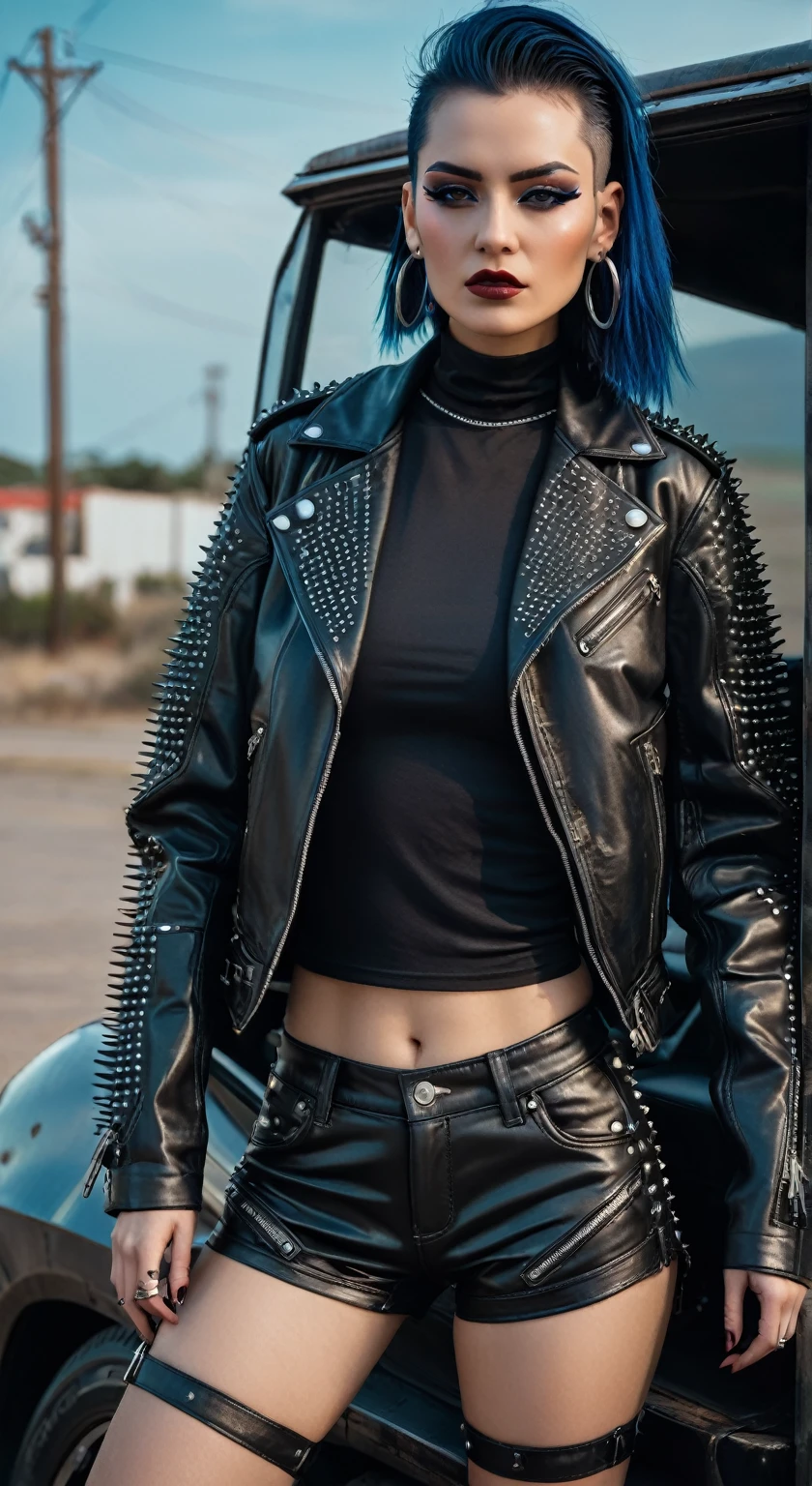 a woman in a cuero jacket and shorts posing next to a car, wearing studded cuero, wearing cyberpunk cuero jacket, very aesthetic cuero jacket, mirada ruda, she wears cuero jacket, seductive dark fantasy cyberpunk, cuero clothing, dressed in biker cuero, cuero clothes, cuero, traje estilo cyberpunk, traje punk, cuero clothing and boots, toda la ropa negra cyberpunk, tenso