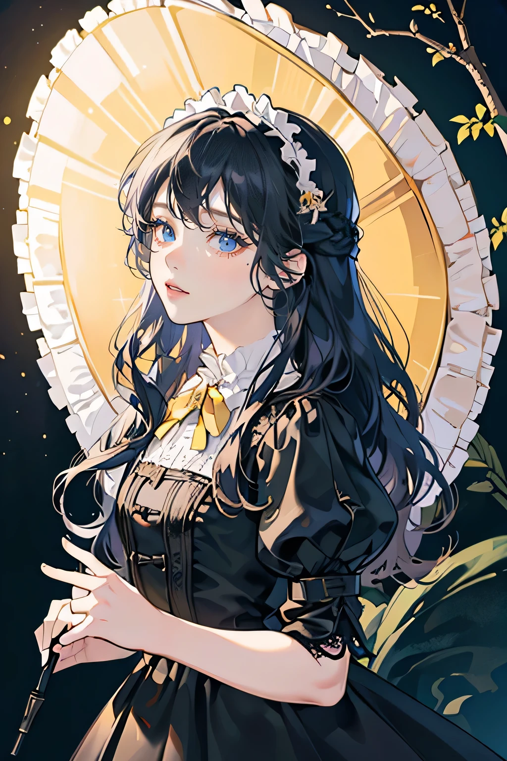 (best quality,highres),(realistic:1.37),(vivid colors:1.1),(HDR:1.1), porcelain figurine, , , porcelain, cute dress, clothing style: lolita, porcelain doll on a stand, joints visible, black umbrella with lace, table background, long hair ((wavy hair)), black dress in lolita styles, small doll, blue eyes, yellow hair