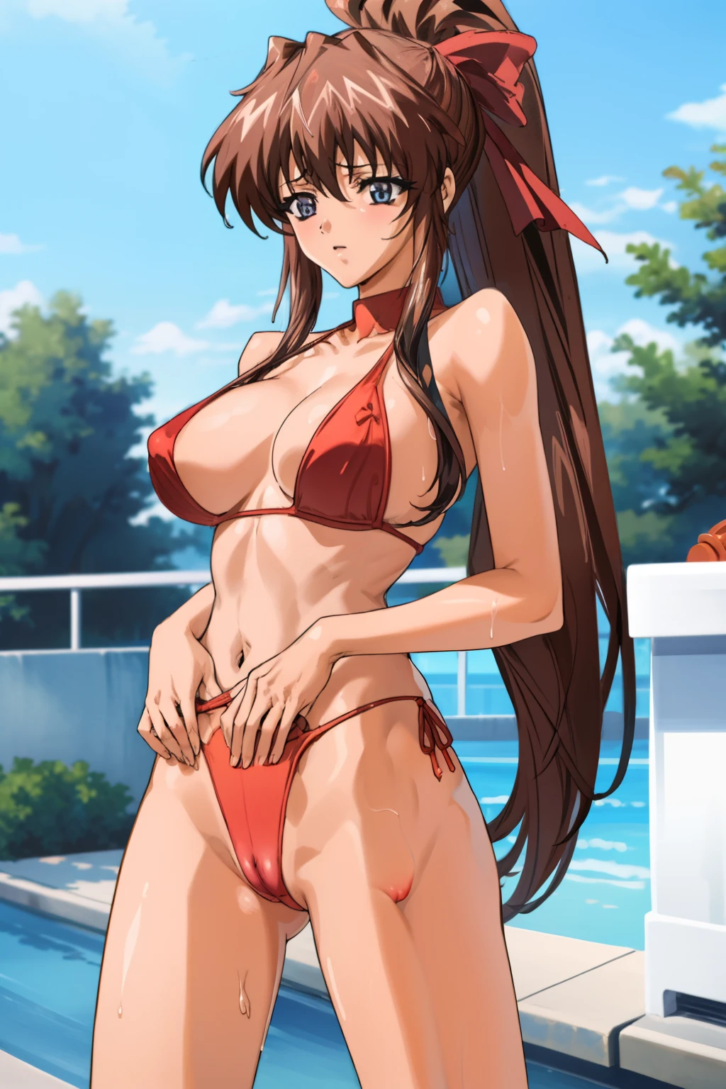 masterpiece, highest quality, Perfect Anatomy, Aoikan, 1 girl, orgasm, (red bikinis) cameltoe), sneakers, (wet pussy)(pussy juice)(erect prominent clitoris), outdoors, Firm Skin, Idol Sculpture
