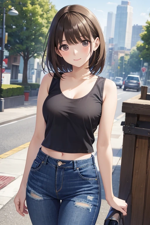 2D, masterpiece, highest quality, anime, Very detailed, One girl, alone, 
anegasaki nene、Shiny brown hair, short hair, Beautiful brown eyes、smile、Sparkling eyes, (Fine grain)、Ultra-detailed eyes、Very detailed顔, Very detailed目,
, 
Black tank top, ((Denim pants)), Cowboy Shot, View Viewer, Street City Background