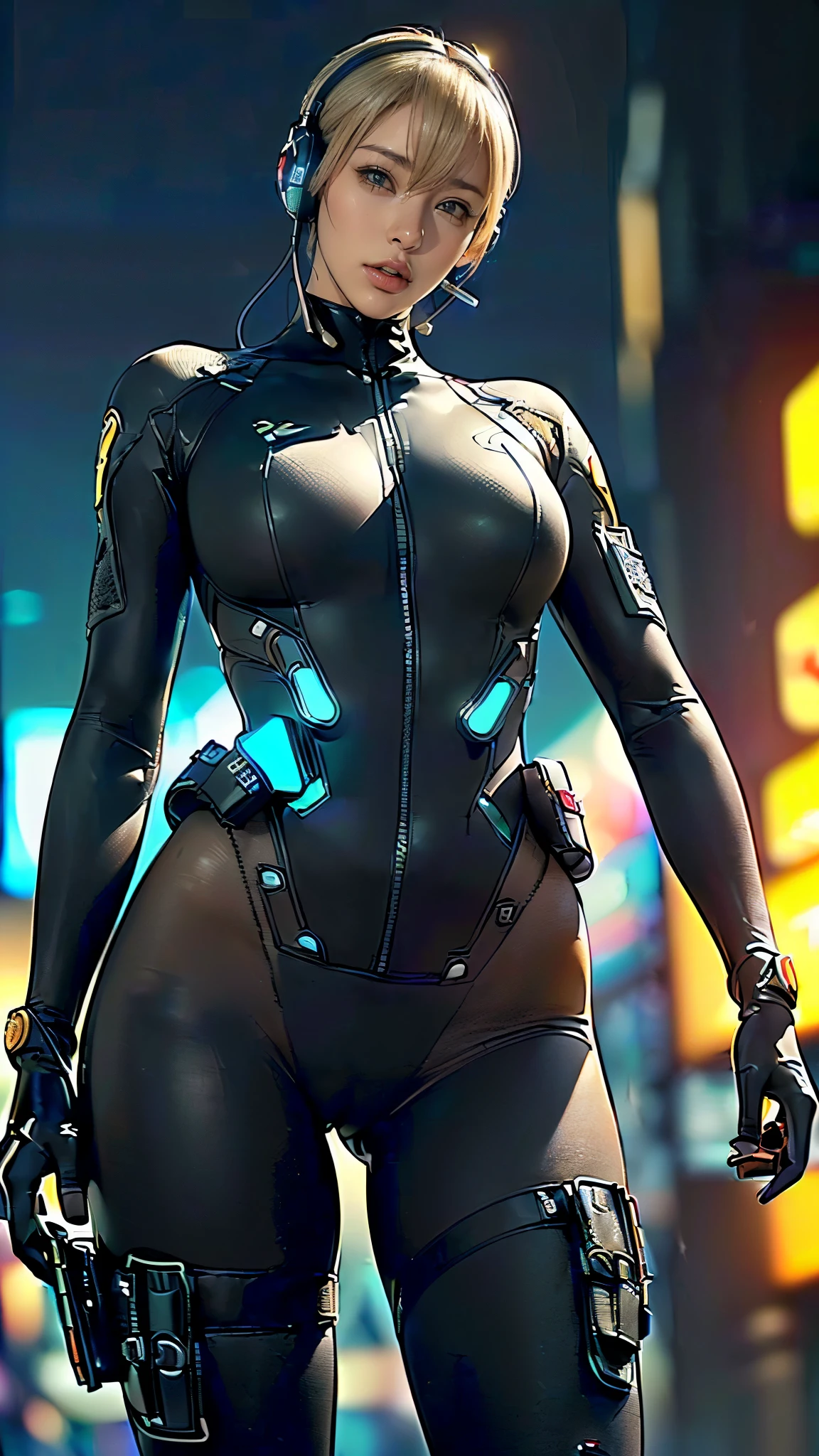 (One Woman),(((Future female police officer standing))),((Black tactical bodysuit:1.5)),((Camel toe:1.5)),((headset:1.5)),((Tactical Holster:1.5)),(gloves:1.5),(((put hands hip:1.5))),(front:1.5),(From below:1.2),(Super Short Hair:1.5),(blonde:1.5),(Beautiful Eyes:1.3),(Very detailedな顔:1.5),((Very detailedな女性の手の描画:1.5)),((Muscular:1.5)),(Sexy Looks:1.5),((Thick thighs:1.5)),(Beautiful body:1.5),((Very sensual:1.5)),(The background is a futuristic city:1.5),(Cyberpunk atmosphere:1.5),(((Blur the background:1.5))),(Written boundary depth:1.5),break(((masterpiece:1.5),(highest quality:1.5),(Very detailed:1.5),(High resolution:1.5),(Realistic:1.5),(Realistic:1.5),(Delicate depiction),(Careful depiction))),8k,wallpaper