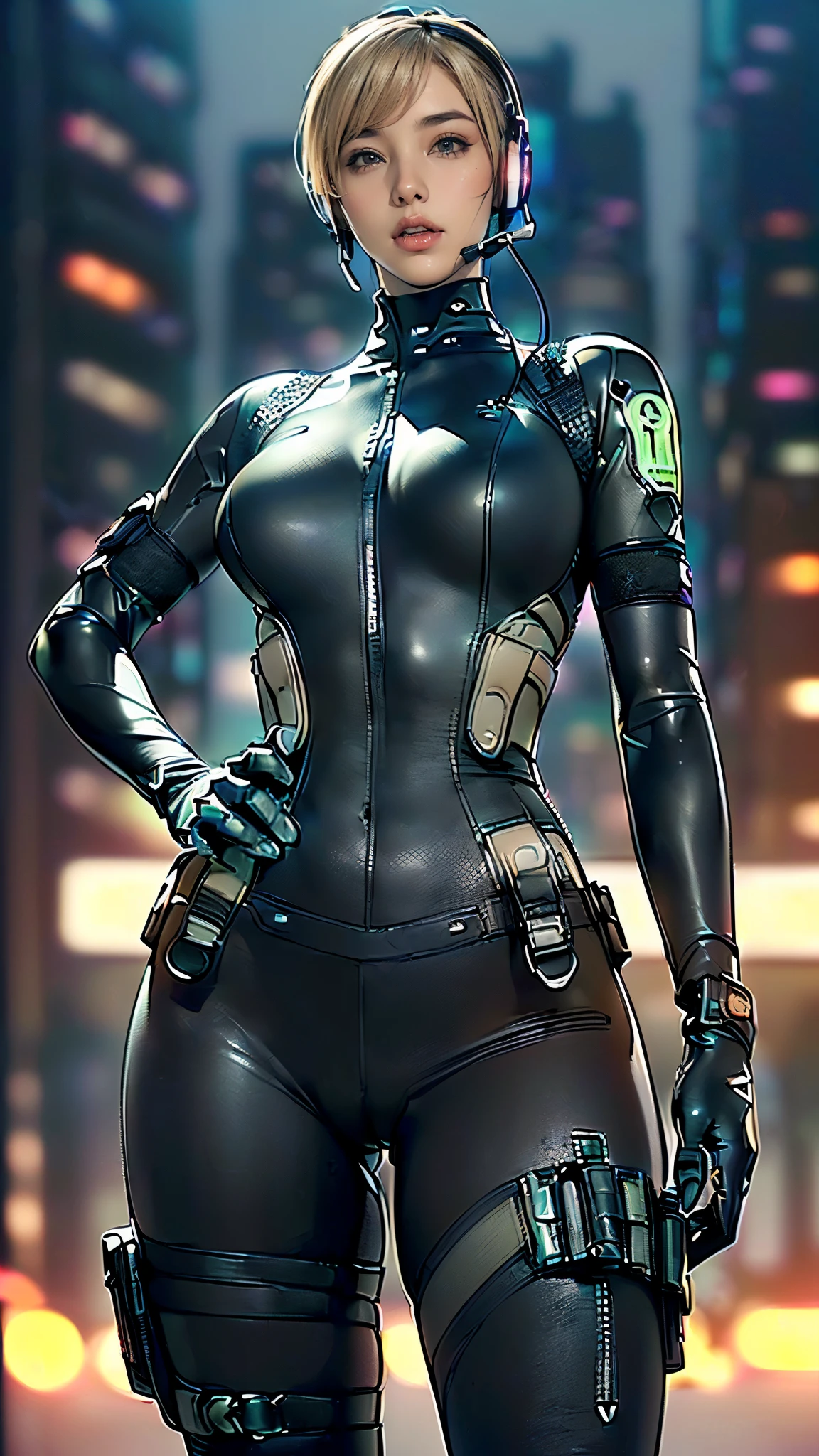 (One Woman),(((Future female police officer standing))),((Black tactical bodysuit:1.5)),((Camel toe:1.5)),((headset:1.5)),((Tactical Holster:1.5)),(gloves:1.5),(((put hands hip:1.5))),(front:1.5),(From below:1.2),(Super Short Hair:1.5),(blonde:1.5),(Beautiful Eyes:1.3),(Very detailedな顔:1.5),((Very detailedな女性の手の描画:1.5)),((Muscular:1.5)),(Sexy Looks:1.5),((Thick thighs:1.5)),(Beautiful body:1.5),((Very sensual:1.5)),(The background is a futuristic city:1.5),(Cyberpunk atmosphere:1.5),(((Blur the background:1.5))),(Written boundary depth:1.5),break(((masterpiece:1.5),(highest quality:1.5),(Very detailed:1.5),(High resolution:1.5),(Realistic:1.5),(Realistic:1.5),(Delicate depiction),(Careful depiction))),8k,wallpaper