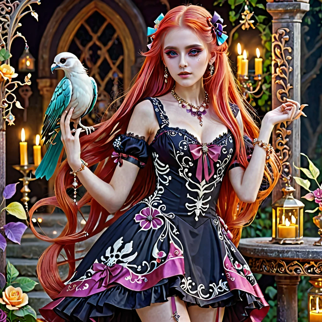 1girl, long bloody hair, bright hair color, seductive eyes, mysterious expression, mature appearance, charming dress, flowing short dress, elegant jewelry, intricate decoration, magic symbols, glowing accessories, potions, scrolls, cute accents, bows, ribbons, flowers, birds, skeleton