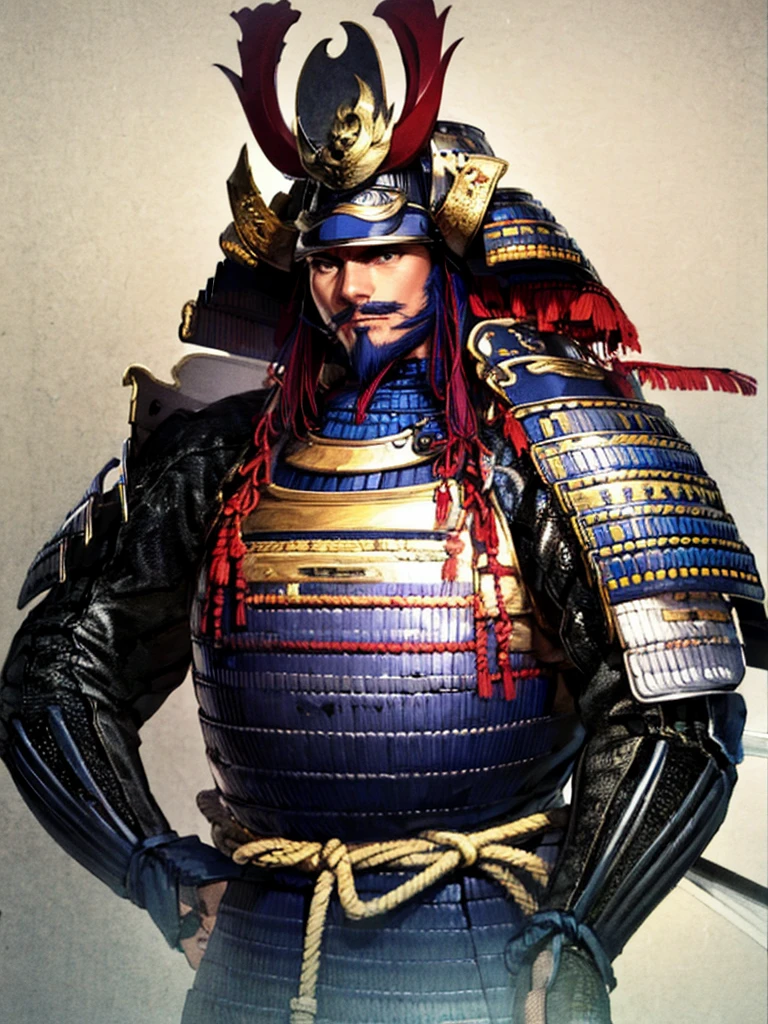 Ancient、Shogun、long beard and long hair、blue unicorn armor、dragon shaped helmet、Ink Wash Style,1 person,(surrealist), (illustration), (high resolution), (8K), (very detailed), (best illustration), (beautiful detailed eyes), (best quality), (very detailed), (masterpiece),