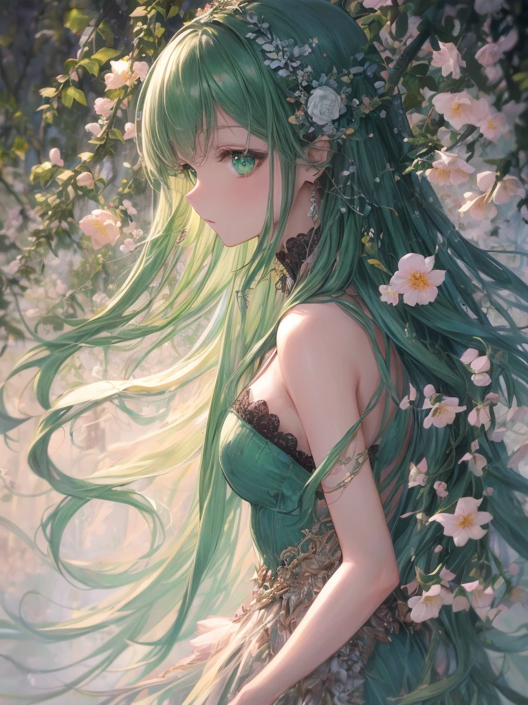 art by Cornflower,(masterpiece),(highest quality:1.2),(Perfect Anatomy),(1 Girl),Beautiful and detailed green eyes,Beautiful green hair,(Highly detailed elegant),Classic Style,Rich colors,Brush strokes,Vibrant texture, Detailed skin,Add a dramatic and symbolic element to your scene, Written boundary depth, Silky to the touch,Dynamic Composite,Delicate texture,Standing in a field of green plants and flowers,Warm lighting