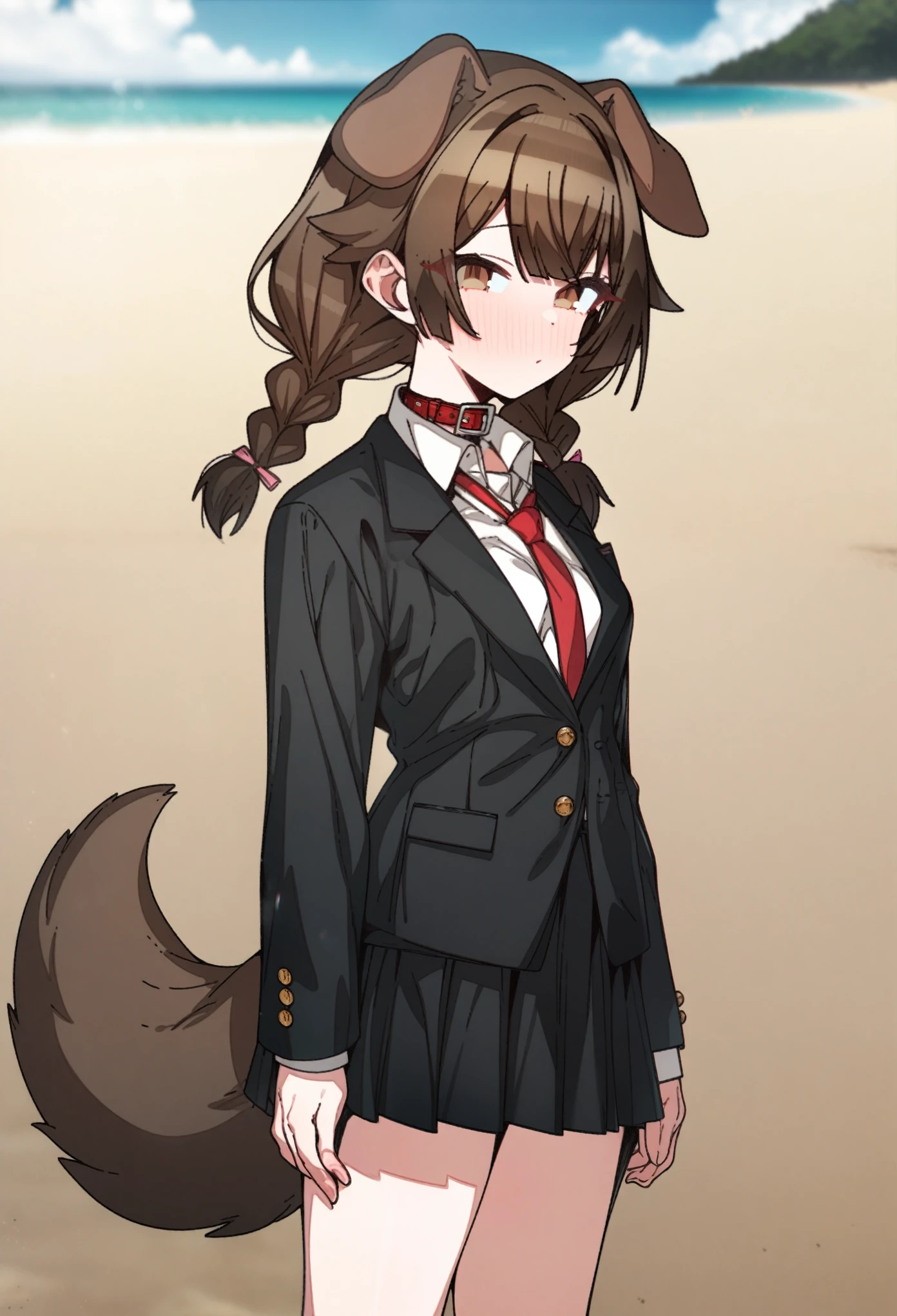hoshino_(blue_archive) with brown hair and brown eyes, Artist, erere, Copyrights, idolmaster, idolmaster_shiny_colors, Character, General, 1girl, brown_hair, blunt_bangs, blush, medium_breasts, breasts, detailed eyelashes, beatiful girl:1, brown_eyes, censored, school_uniform, black pleated skirt, black blazer, white shirt, red tie, dog_tail, animal_collar, twin_braids, dog_ears, bone_hair_ornament, :|:0.5, (full_body) (standing in middle, beach), sky:0.7, half-closed_eyes, detailed, sand, outdoors, from_side, looking_at_viewer, masterpiece, best_quality, great_quality, girl, solo, center_composition, centered character, cute