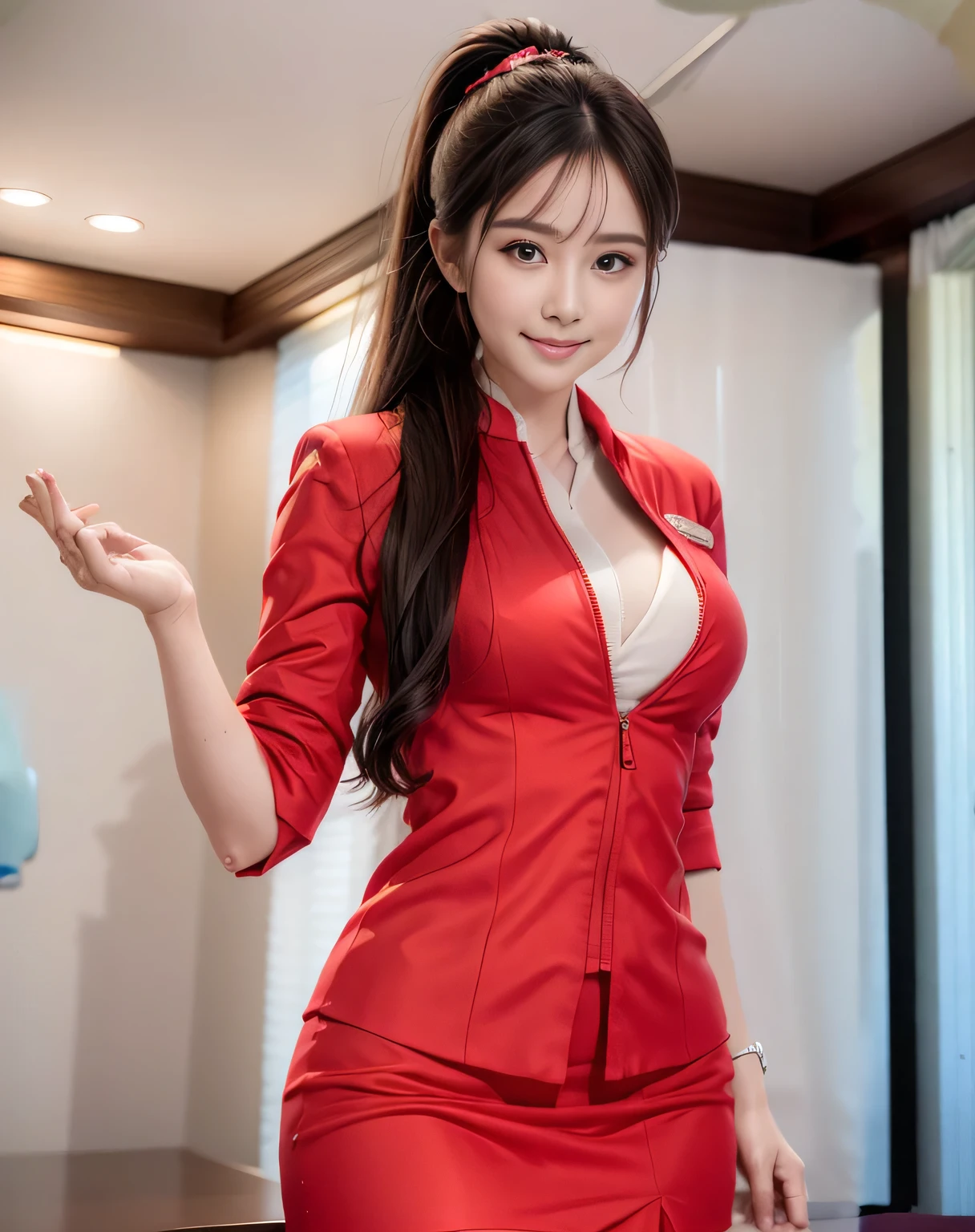 (masterpiece:1.2, best quality:1.2), 32K HDR, high resolution, (Solitary、1 girl)、(on the roof of a high-rise building、Professional lighting)、Skyscraper background、Beautiful city view、(The realistic style of AirAsia stewardess uniforms)、(AirAsia Uniform Unzip Red Jacket、AirAsia uniform long-sleeved red jacket、AirAsia uniform red mini skirt、AirAsia uniform white shirt unbuttoned)、(AirAsia shirt reveals cleavage and big breasts)、Dark brown hair、Ponytail、Red rubber band、(Long hair extending down the legs、Tie your hair back、Her long hair is fluttering in the wind)、strong wind blowing、long shot、((Dexterity:2.0)),((Body proportions:1.5)),((Normal limb:2.0)),((Normal fingers:2.0)),((Delicateeyes:2.0)),((Normal eyes:2.0)))、Luxury necklace、Beautiful appearance