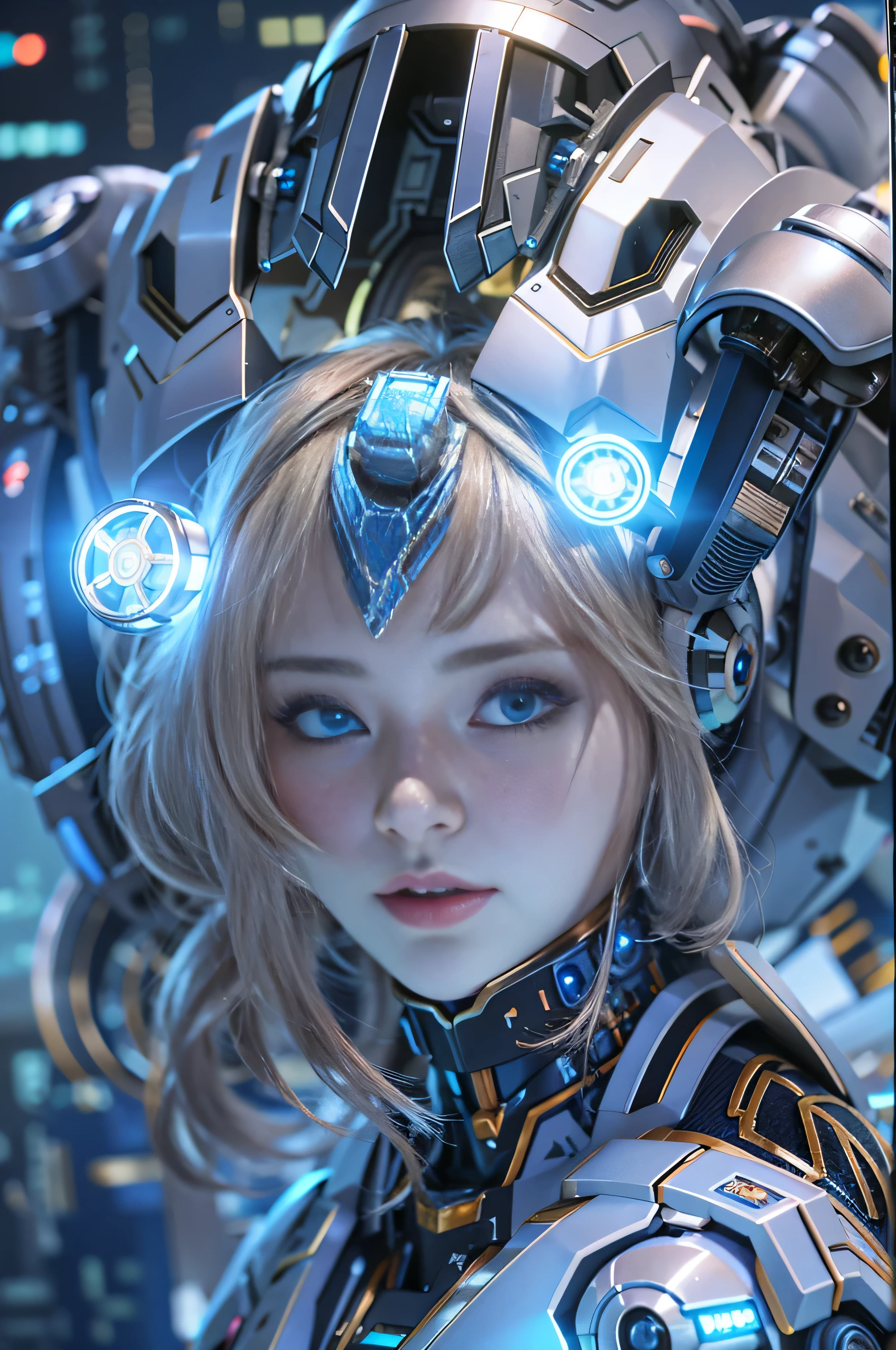 Wide-angle shot, 1 female, Mecha, Sparkling blue eyes, Very cute face, (Realistic:1.37), Biomechanical, Complex robot, Spaceship interior bokeh background, Ultra-realistic, Very detailed, Very intricate details, Beautiful woman in sharp focus
