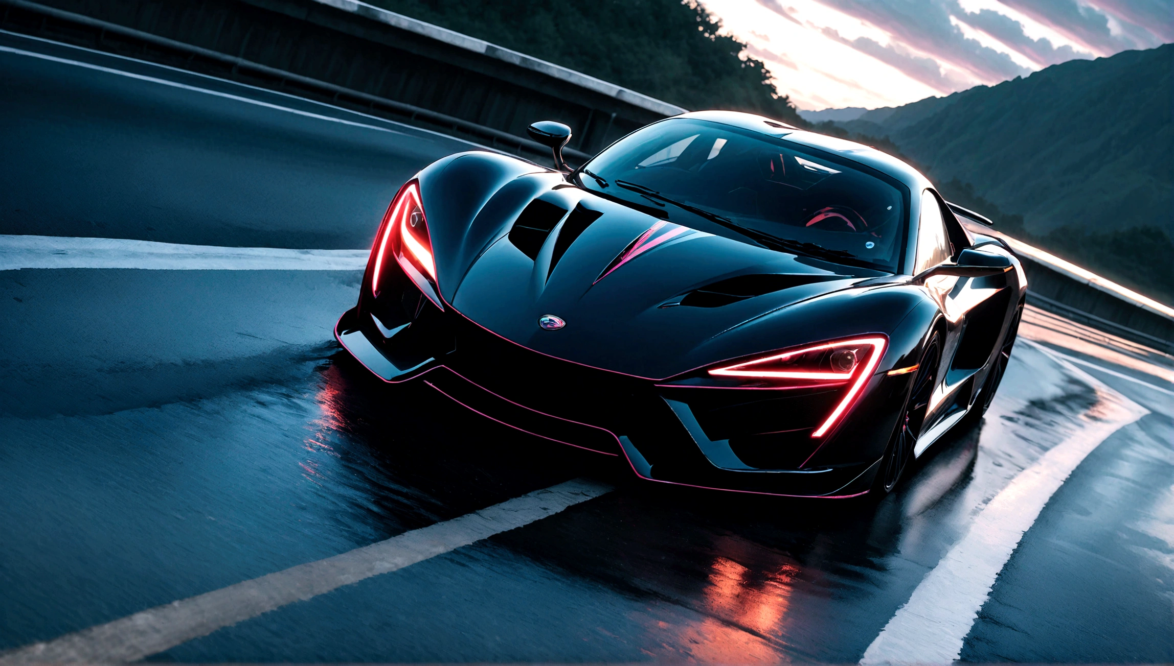 a super sleek black sports car,detailed engine,highly reflective bodywork,glossy paint,asphalt road,dramatic lighting,cinematic camera angle,beautiful clouds in sky,photorealistic,8k,hyper detailed,cinematic lighting,vibrant colors,incredible detail