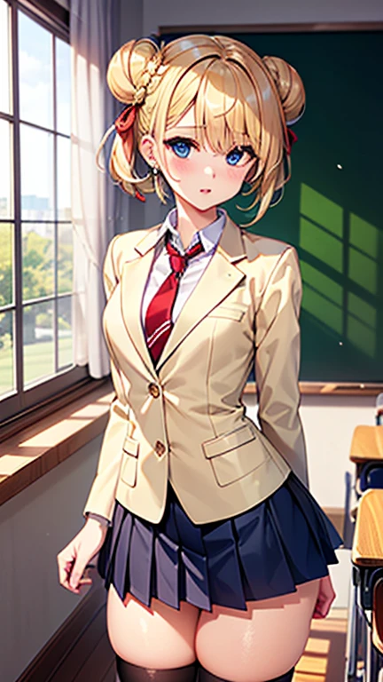 A girl is posing for a photo,pretty girl,Enchanting girl,Anime Girls,
(((One Girl,Baby Face,16 years old))),
BREAK
((navy blue plain blazer + White collared shirt + Red checked pleated skirt + Red tie + Navy blue knee socks + Black Loafers + red headband))、Earrings、Fancy Necklace、
BREAK
((Blonde + Double buns on both sides))、
(Drooping eyes,blue eyes),(Small breasts),
BREAK
(Beautiful Hair,Shiny Hair),
(Expression of fine eyes,Beautiful and delicate eyes,Sparkling eyes,Eye Reflexes),
(double eyelid,Long eyelashes),
(Beautiful Nose,Thin Nose),
(Glossy lips,Beautiful Lips,Thick lips),
(Symmetrical facial features,Perfect Face),(((Detailed skin,Oily skin,Textured skin,Beautiful Skin))),
BREAK
(Embarrassed look + Blushing + Close one eye),
((noon、classroom:1.4、sunlight、Window)),((Are standing、Look forward、Face the viewer、Cowboy Shot)),
BREAK
(((highest quality)),((masterpiece)),((Very detailed))),((High resolution),(8k),(16k,1080p),(Anime 2D Rendering)),(Anatomically correct),
(The best CG),Highly detailed art,CG illustration,