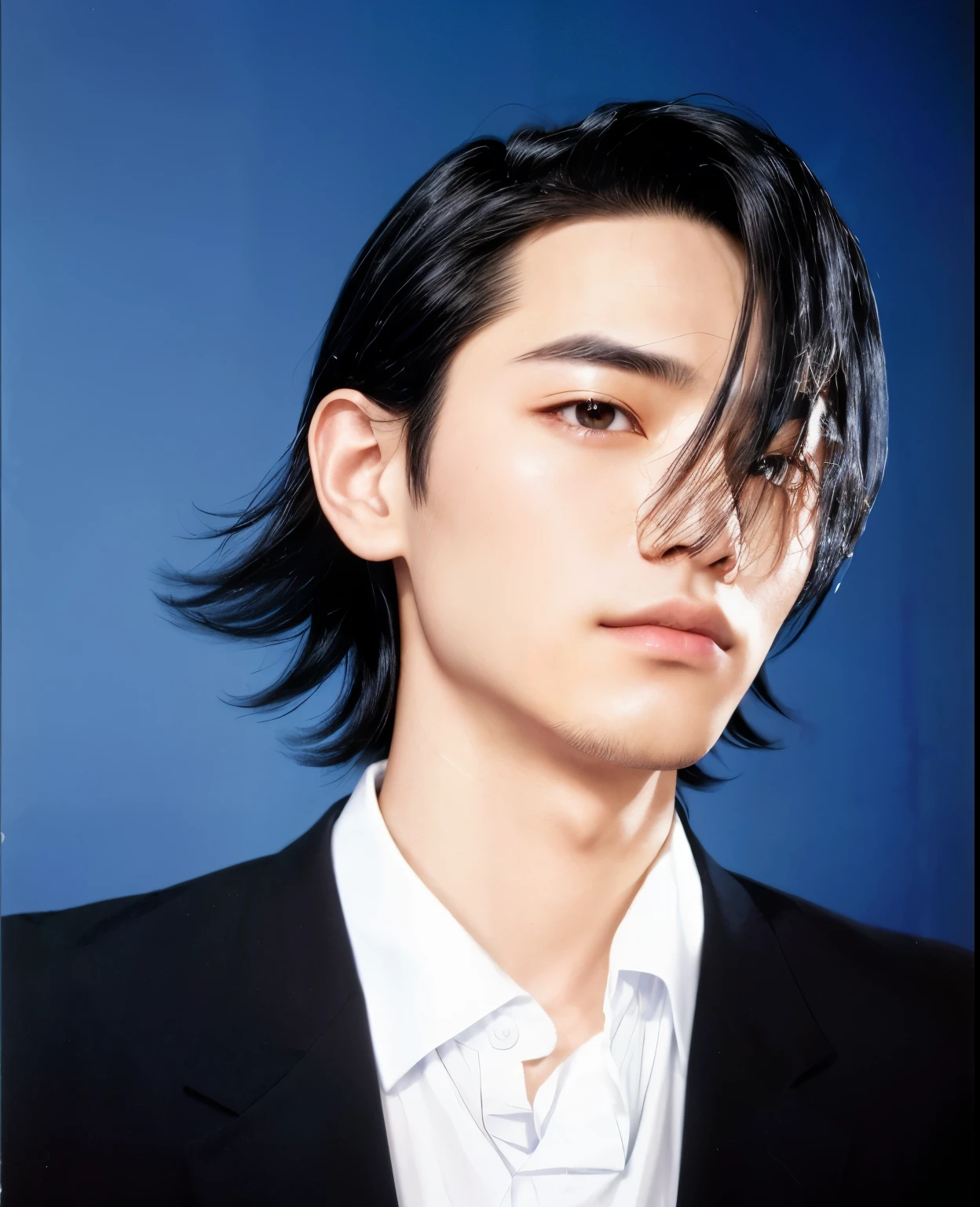 arafed man with black hair and a white shirt and tie, by Tadashi Nakayama, style of masami kurumada, slicked black hair, masami kurumada, kousuke oono, inspired by Tadashi Nakayama, sui ishida with black hair, ando tadao, comme des garcon campaign, masami suda, slick hair