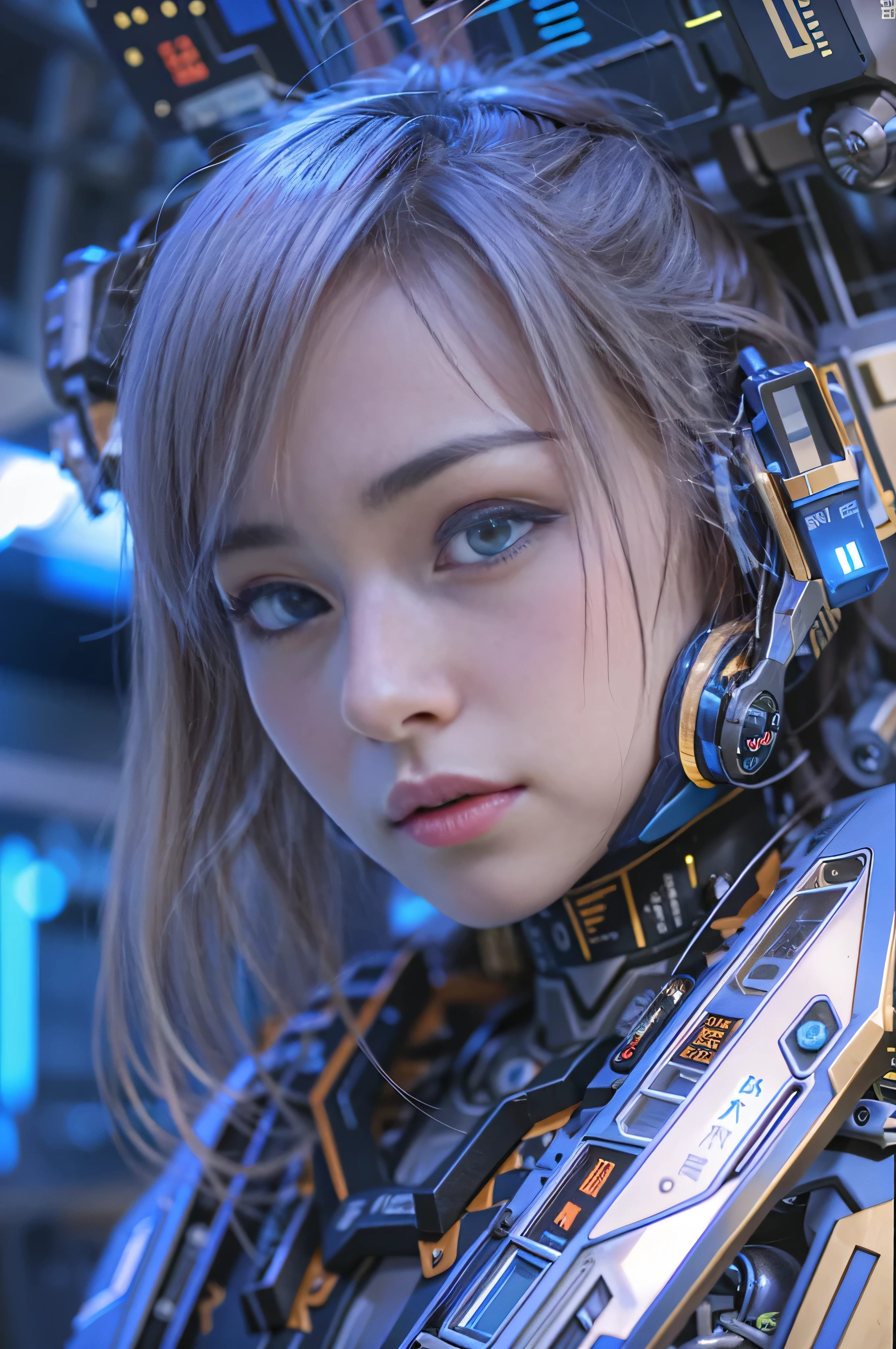 1 Mecha Girl,Ultra-Realistic Details, Portraiture, Global Illumination, Shadow, Octane Rendering, 8K, Ultra Sharp,Complex, Decorations detailed, Cool colors, Metal, More about Egypt, highly Complex details, Realistic Light, Trending on CGSociety, Shining Eyes, Facing camera, Neon Details, Mechanical Limbs,Blood vessels connected to tubes,Mechanical vertebrae attached to the back,Mechanical cervical spine attached to the neck,Sitting,Wires and cables connected to the head、((Headshot closeup:1.5))、The body is slim、Flat Body、cute、、