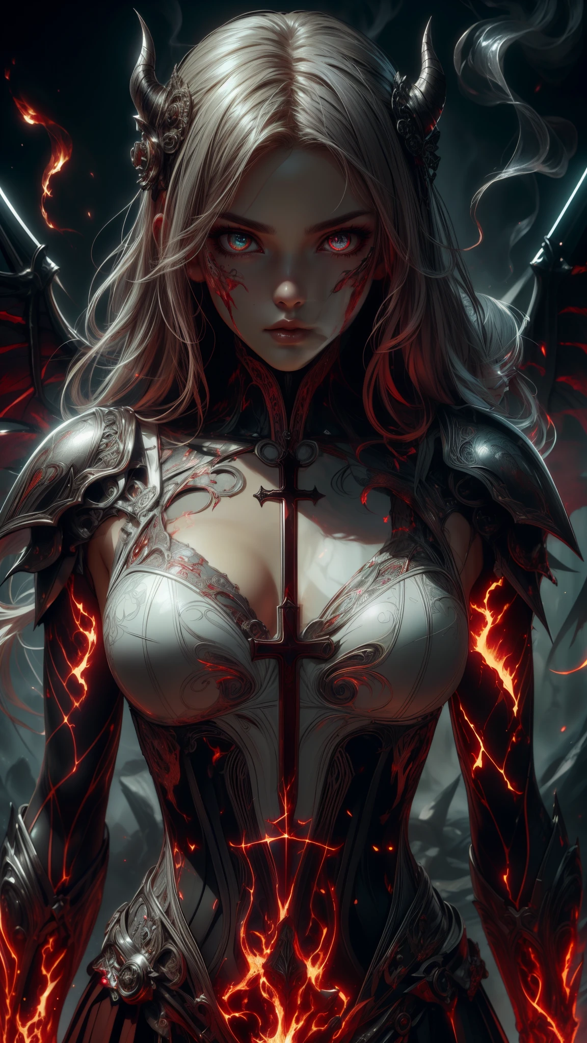 [Detailed illustrations, art based on extremely ideal ???????, very detailed and detailed drawings, slow and delicate pen touches, realistic texture expression],((Accurate simulation of light-material interactions, understanding of air flow, mechanically correct expression))),(Design built at a high level,((Advanced structural understanding)),Ideal color coordination),(( Intricate decoration (ultra-dense detail)),(Detail,High Definition)(Color tressed lines)),(Artwork of outstanding virtuosity),(Fine and beautiful skin expression (transparency))),(Perfect and beautiful face,Realistic face detail),(Perfect eye (Realistic pupil detail (Beautiful iris drawn in detail) (Sharp pupil))),(Perfectly proportioned proportions)),( Lava Cave Background ((Flame Hell))),Demon Knight [DemonGirl with Red Skin, 19 Years Old, Slender Muscular] Flame Hair, Bone Armor (((Cross-shaped wound on ?????)))) Skull Mask,(Fresh Blood Blade (Edge)),(Burning energy from inside the body)))),[Ultra Precision Detail,High Quality,High Resolution,(Multilayer Texture))],(( Visual art with a sense of narrative)).