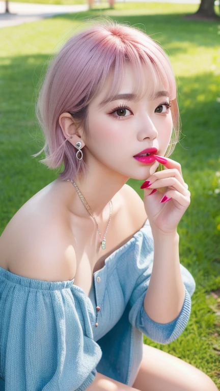 (8k, Photorealistic, Raw photo, Highest quality: 1.4),Japanese idol style1Beautiful girl of the person,20-year-old,Short bob hairstyle,Silver Hair,Hang your hair over your ears,Wearing small earrings in the ears,Big, clear grey eyes,Long eyelashes,Plump Cheeks,She is wearing pink lipstick,Apply gloss over your lipstick for glossy, plump lips,A short pendant is hanging around her neck.,Both hands have pink nail polish on their nails,Wearing an off-the-shoulder dress,Standing barefoot on the grass in the park,Full body portrait