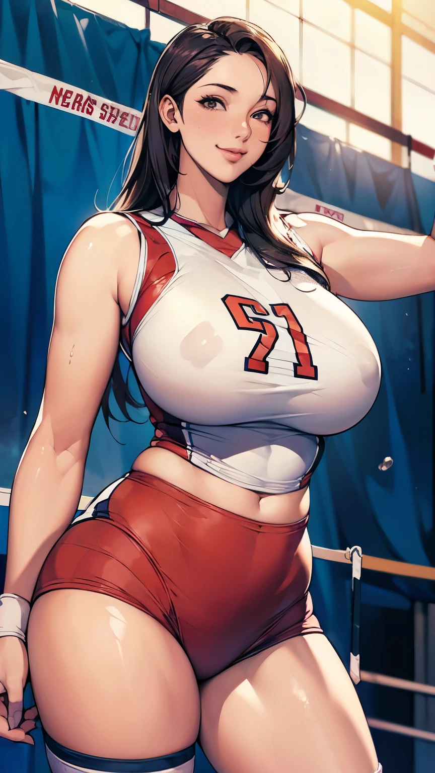 best quality, high resolution, curvy body, (gigantic breasts:1.3), Beautiful face, happy, smile, closed mouth, 27 year-old, 1 girl, long hair, ((volleyball player)), ((In the vast gymnasium:1.37)), ((sleeveless volleyball uniform:1.37)), (oily skin:1.2),