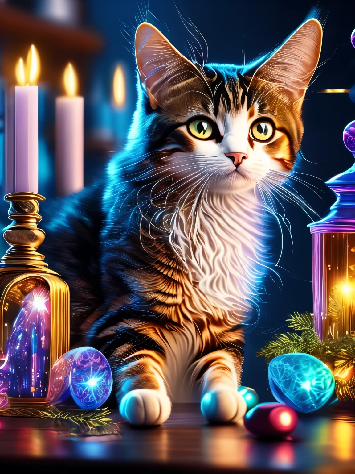 (masterpiece, high quality, Detailed CG 8k wallpapers and beautiful illustrations) A cat，Cartoon cats，可爱的Cute Pets，Punk style cat，Cyber Street，Electronic Fiber，3D gradient rendering，Glass transparent texture，Light particle effects，Virtual Utopia，Surrealism，Online game CG rendering，Commercial Photography，A beautiful world of science fiction，splash ink smudge，Cute Pets，Healing illustrations，Warm and fun atmosphere