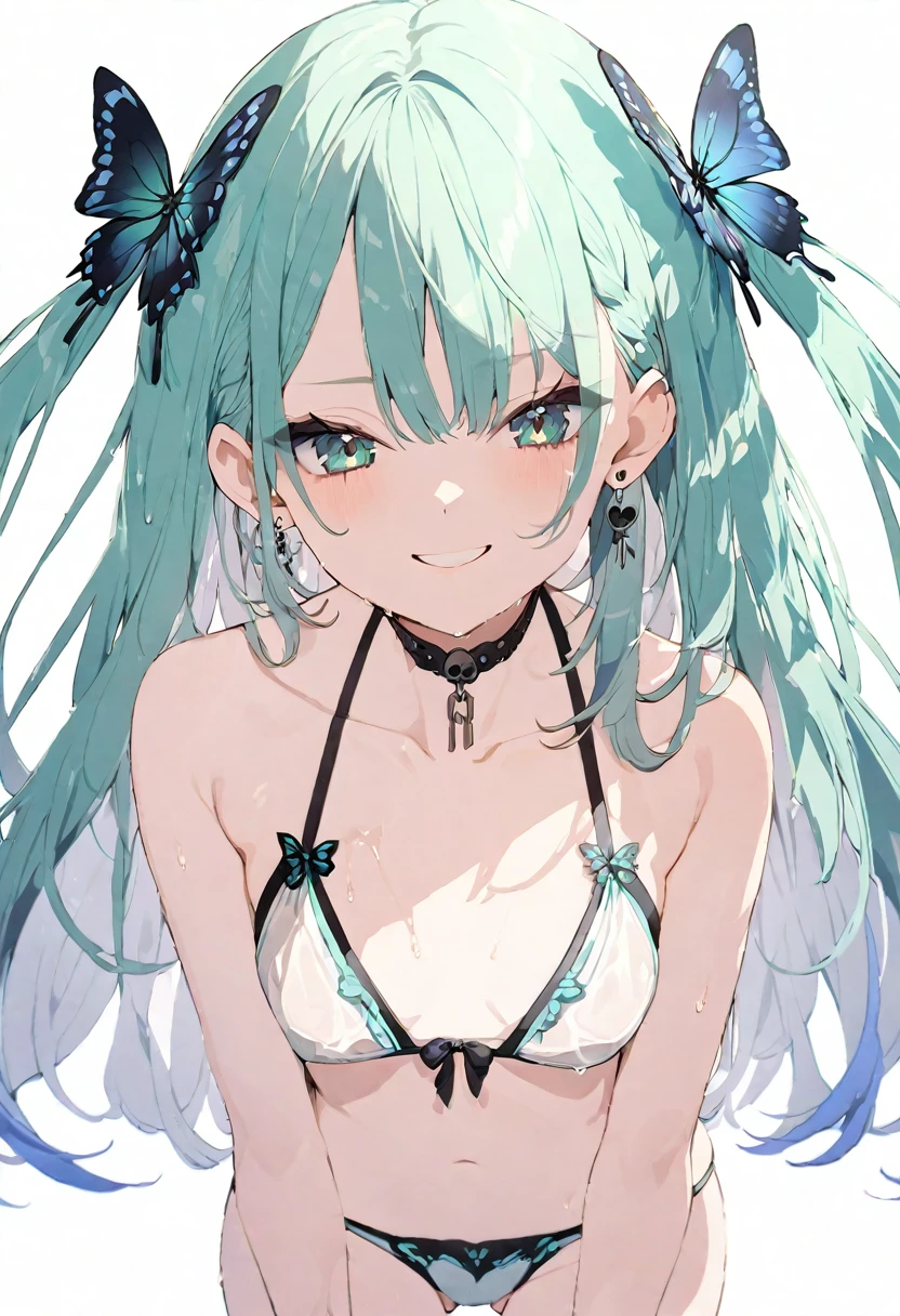 (masterpiece), (best quality), perfect face, beautiful girl, white background background, delicate and beautiful face and eyes, dark intense shadow,
1 girl, vtuber style, cool girl, hololive, Uruha-green, bikini, wet body, small chest, cropped shoulders, clavicle, winking, smile, bare feet, chest visible through clothes, ass visible through thighs, (full body), looking at viewer, standing,