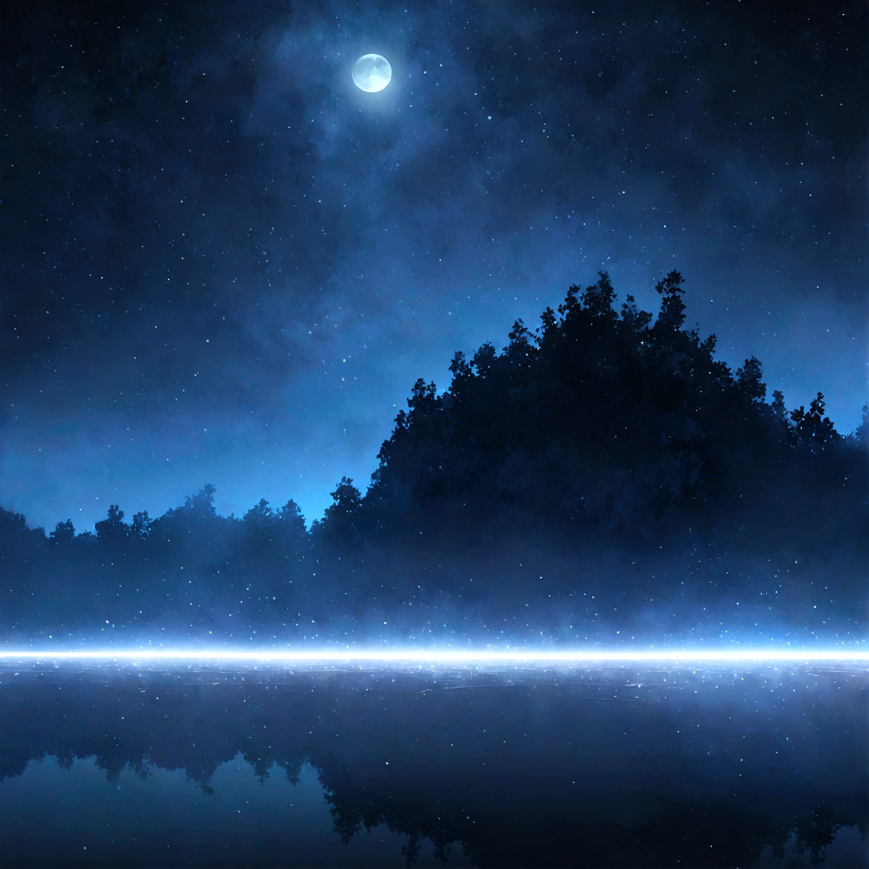 "A peaceful night, Bathed in silver light. Moon scene,Subtle reflections on calm water. twinkling stars dot the dark sky, It creates a magical atmosphere. The surrounding nature is shrouded in light, Mysterious mist.. Let your imagination come alive with this night scene filled with tranquility and peace." Horizontal length