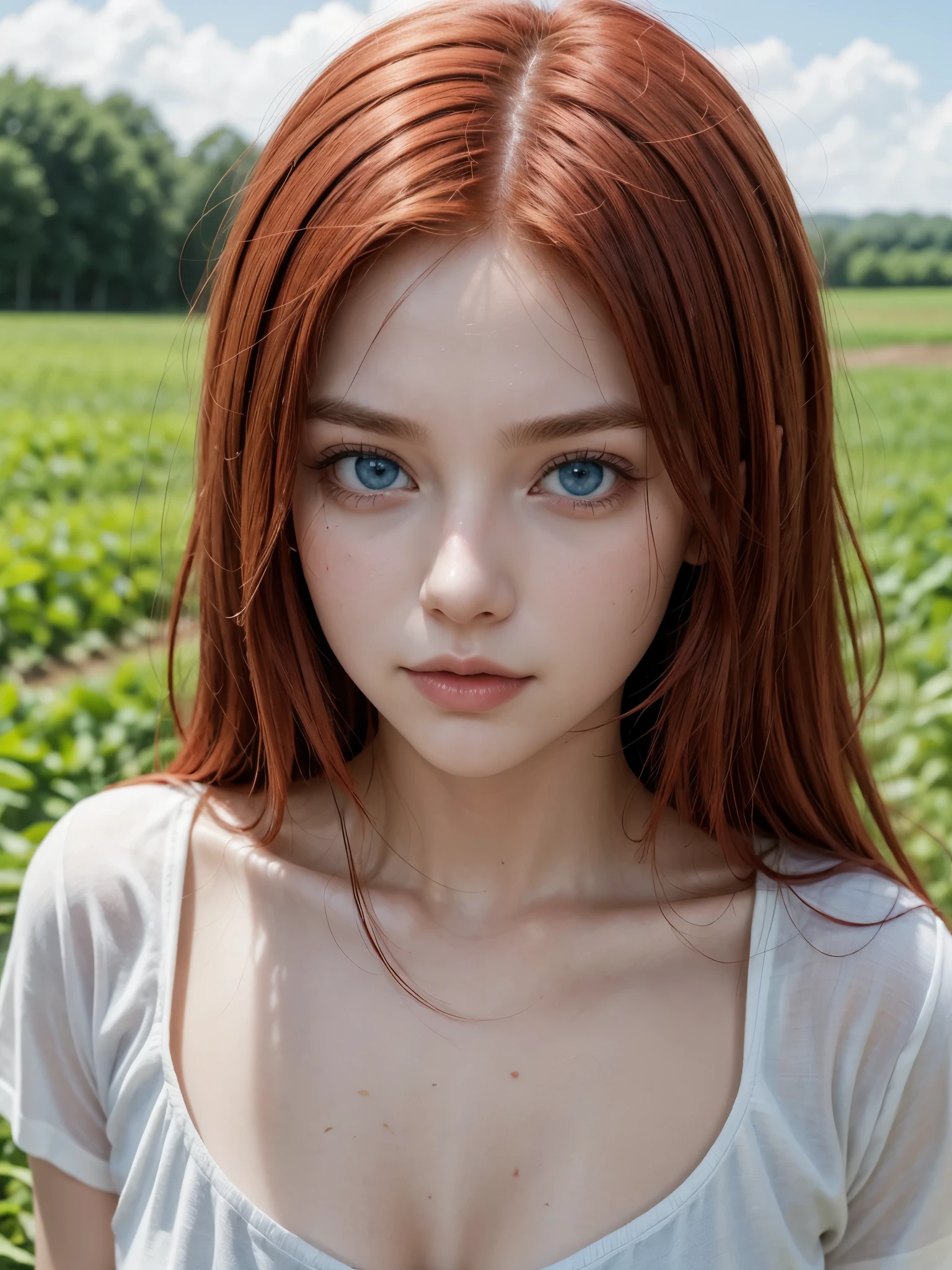 Hot girl, red hair, blue eyes,farmer cloathing