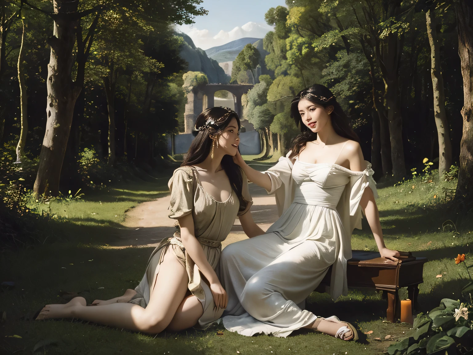 Giorgione painting style,Barbizon forest A beautiful woman in Greek dress smiles on the shore,Sweet and seductive appearance.、Caravaggio's paintings、Chiaroscuro of Caravaggio、hair tousled by the wind,Two women frolicking,cute smile, expression of ecstasy,Sexy,erotic, full body portrait