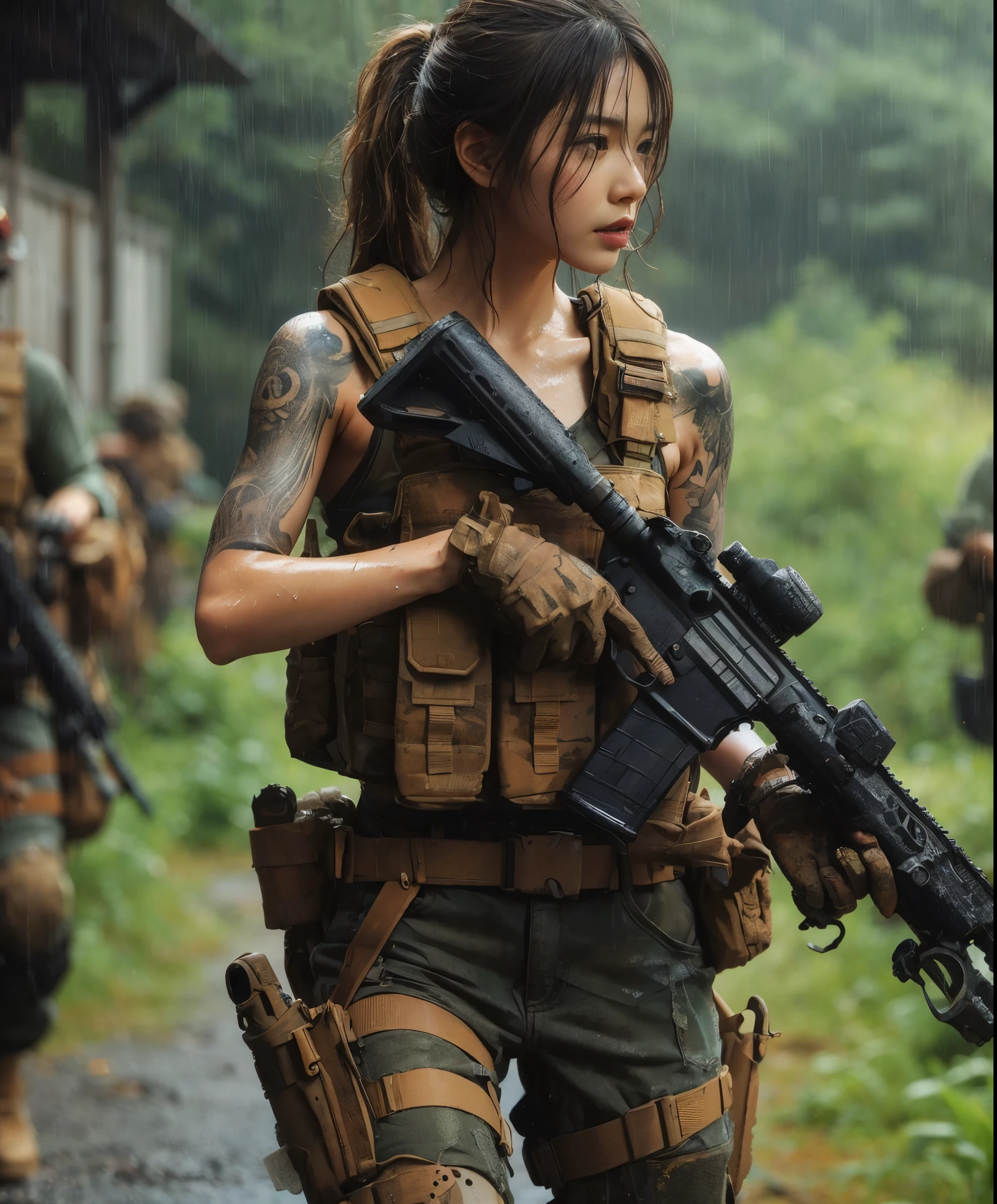 8k,Realistic Photo、Realistic Skin Texture、Superrealism、Japanese women in the U.S. military、Searching for something in a mysterious abandoned factory、The concrete floor is cracked and wet.、Abandoned machinery is rusting and decaying.、Tattoo