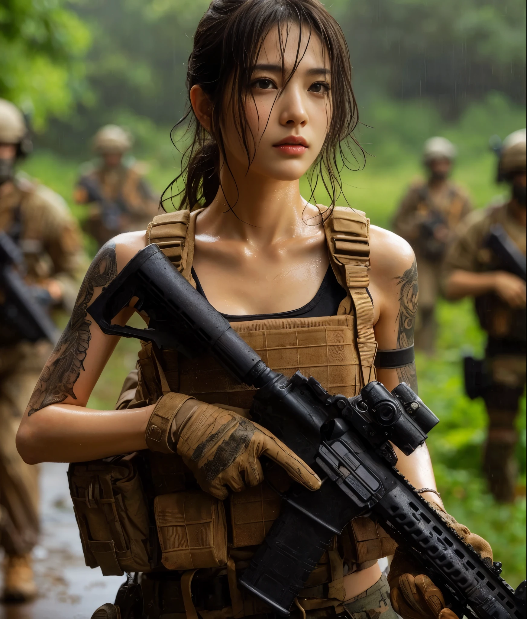 8k,Realistic Photo、Realistic Skin Texture、Superrealism、Japanese women in the U.S. military、Searching for something in a mysterious abandoned factory、The concrete floor is cracked and wet.、Abandoned machinery is rusting and decaying.、Tattoo