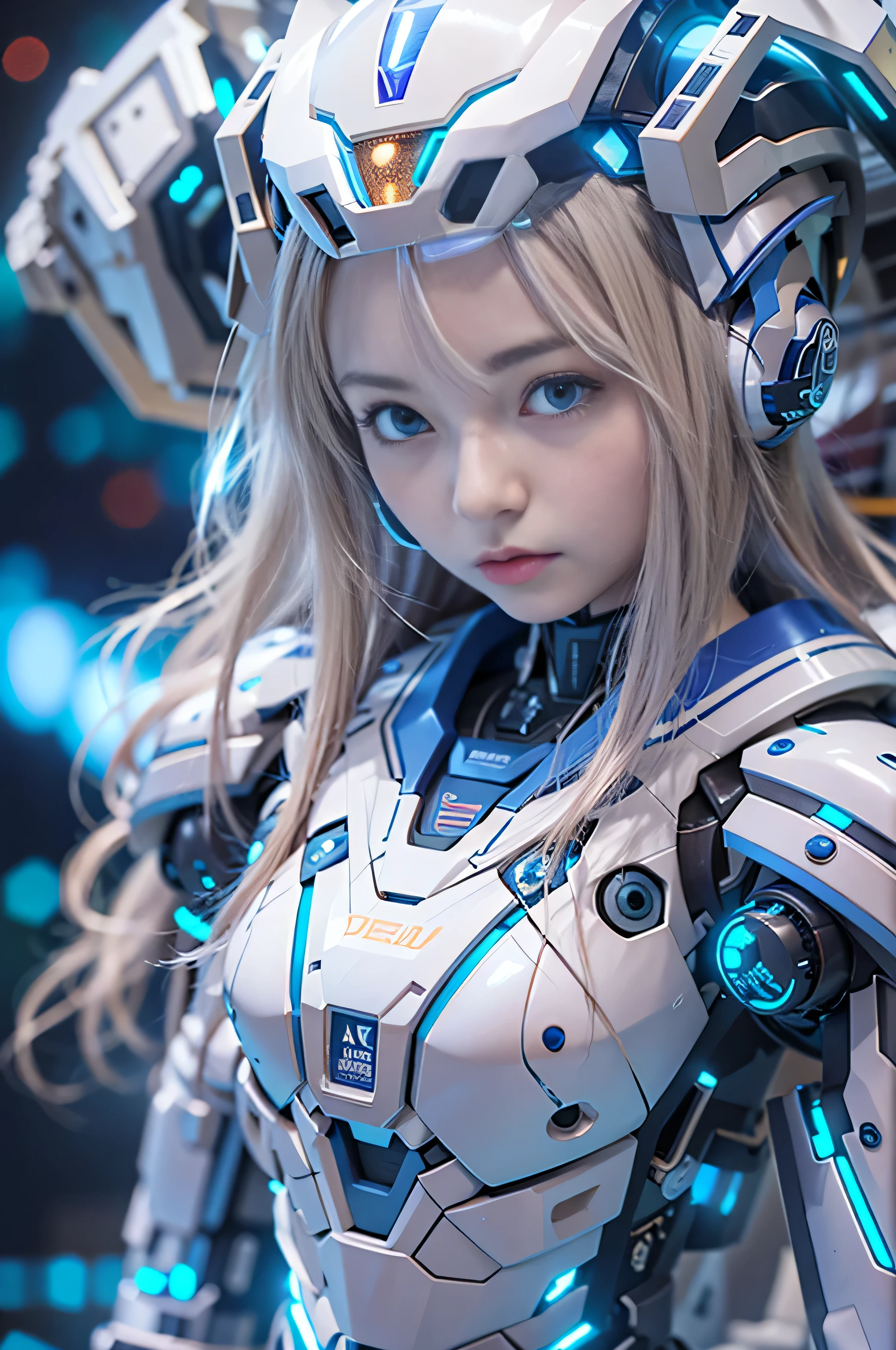 Wide-angle shot, 1 female, Mecha, Sparkling blue eyes, Japanese, , Very cute face, (Realistic:1.37), Biomechanical, Complex robot, Spaceship interior bokeh background, Ultra-realistic, Very detailed, Very intricate details, Beautiful woman in sharp focus