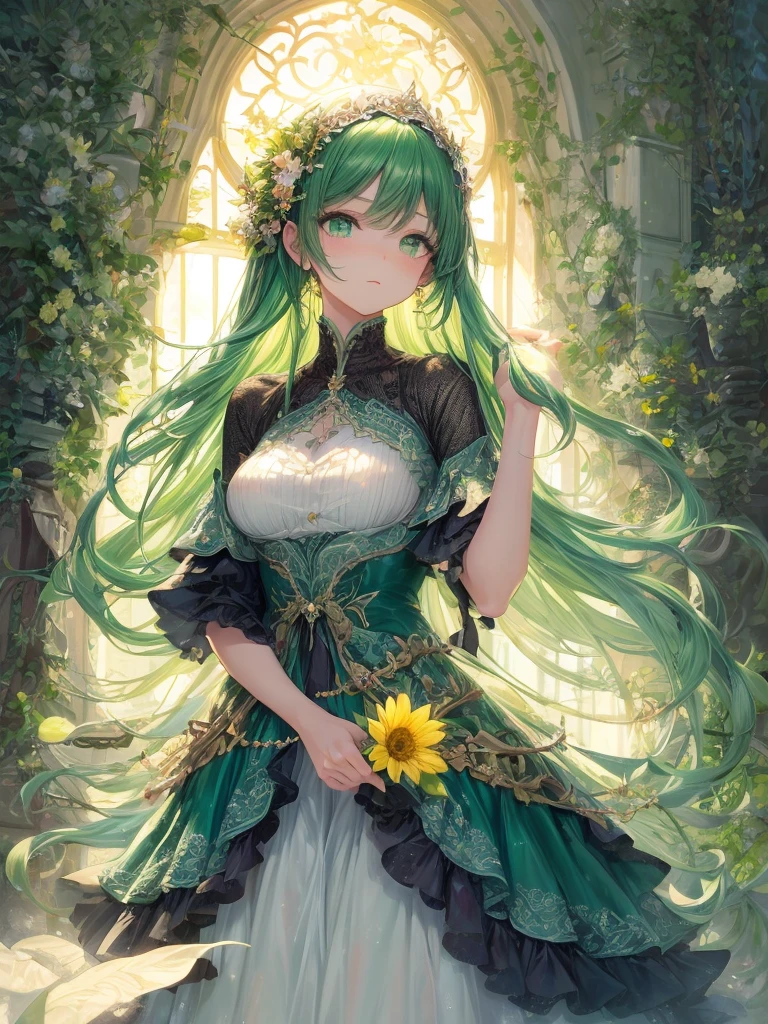 art by Cornflower,(masterpiece),(highest quality:1.2),(Perfect Anatomy),(1 Girl),Beautiful and detailed green eyes,Beautiful green hair,Green clothes,Layering,(Highly detailed elegant),Classic Style,Rich colors,Brush strokes,Vibrant texture, Detailed skin,Add a dramatic and symbolic element to your scene, Written boundary depth, Silky to the touch,Dynamic Composite,Delicate texture,Standing in a field of green plants and flowers,Warm lighting