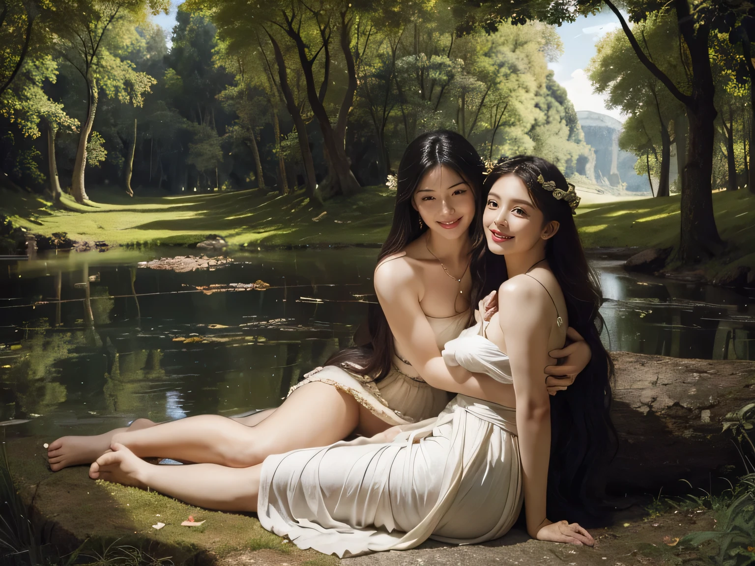 Giorgione painting style,Barbizon forest A beautiful woman in Greek dress smiles on the shore,Sweet and seductive appearance.、Caravaggio's paintings、Chiaroscuro of Caravaggio、hair tousled by the wind,Two women frolicking,cute smile, expression of ecstasy,Sexy,erotic, full body portrait