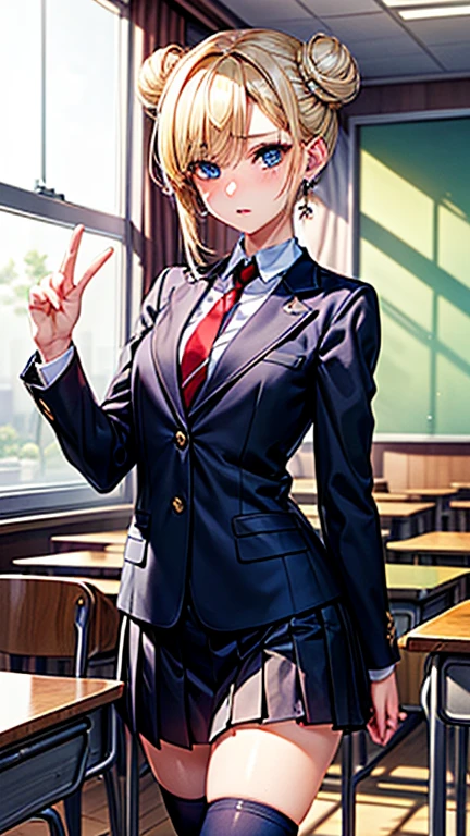 A girl is posing for a photo,pretty girl,Enchanting girl,Anime Girls,
(((One Girl,Baby Face,))),
BREAK
((navy blue plain blazer + White collared shirt + Red checked pleated skirt + Red tie + Navy blue knee socks + Black Loafers + red headband))、Earrings、Fancy Necklace、
BREAK
((Blonde + Double buns on both sides))、
(Drooping eyes,blue eyes),(Small breasts),
BREAK
(Beautiful Hair,Shiny Hair),
(Expression of fine eyes,Beautiful and delicate eyes,Sparkling eyes,Eye Reflexes),
(double eyelid,Long eyelashes),
(Beautiful Nose,Thin Nose),
(Glossy lips,Beautiful Lips,Thick lips),
(Symmetrical facial features,Perfect Face),(((Detailed skin,Oily skin,Textured skin,Beautiful Skin))),
BREAK
(Embarrassed look + Blushing + Close one eye),
((noon、classroom:1.4、sunlight、Window)),((Are standing、Look forward、Face the viewer、Cowboy Shot)),
BREAK
(((highest quality)),((masterpiece)),((Very detailed))),((High resolution),(8k),(16k,1080p),(Anime 2D Rendering)),(Anatomically correct),
(The best CG),Highly detailed art,CG illustration,