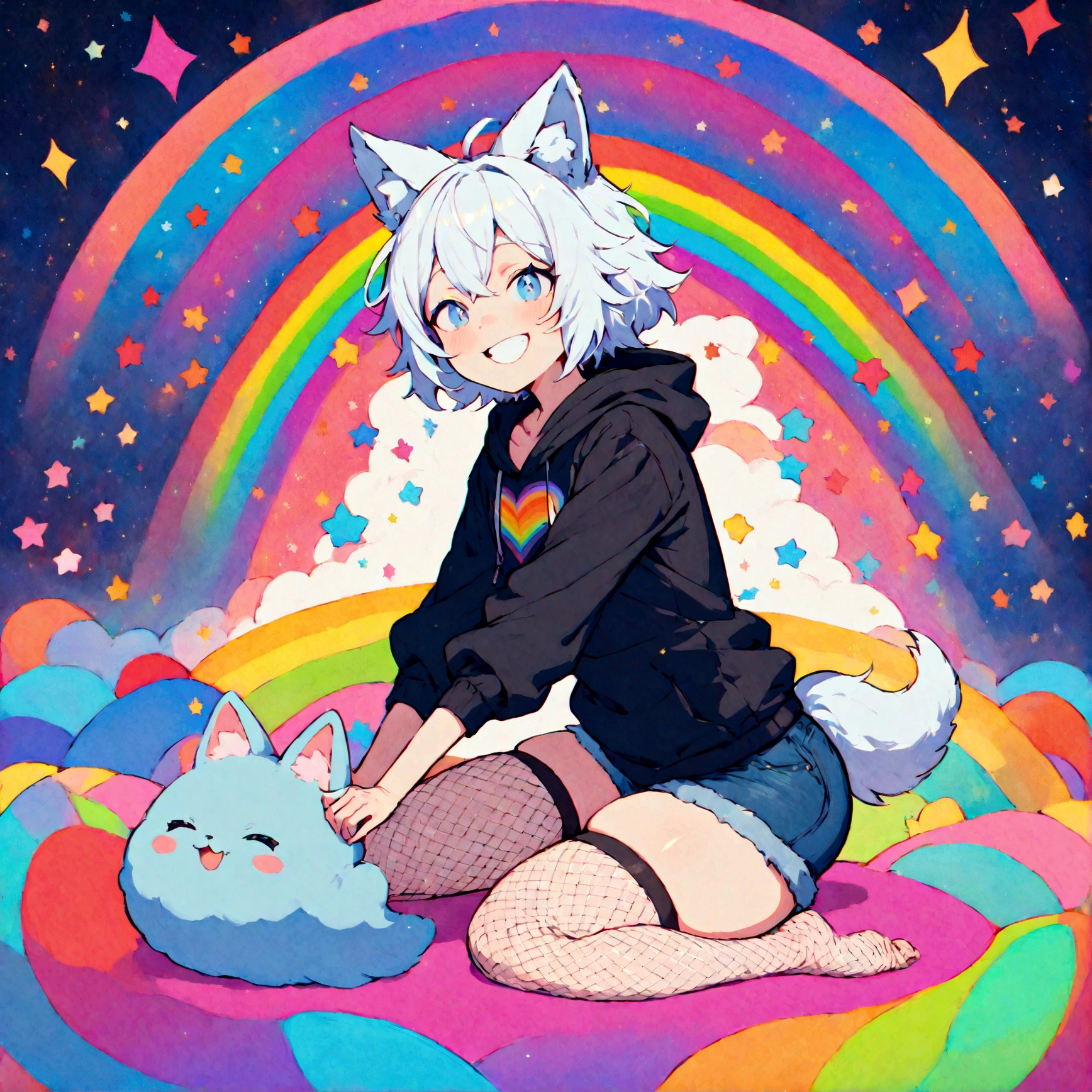 a cute adult male with wolf ears, white hair, has a wolf tail, wearing a loose cropped oversized black hoodie, wearing a pair of denim short shorts and fishnet stockings, thick thighs, wide hips, relaxing on mound of fluffy multi colored kawaii plushies, short, very slim, showing slender tummy, stretching out, heart on hoodie, squishy thighs, has glowing blue eyes. alone, solo (ALONE)(SOLO), surrounded by rainbows