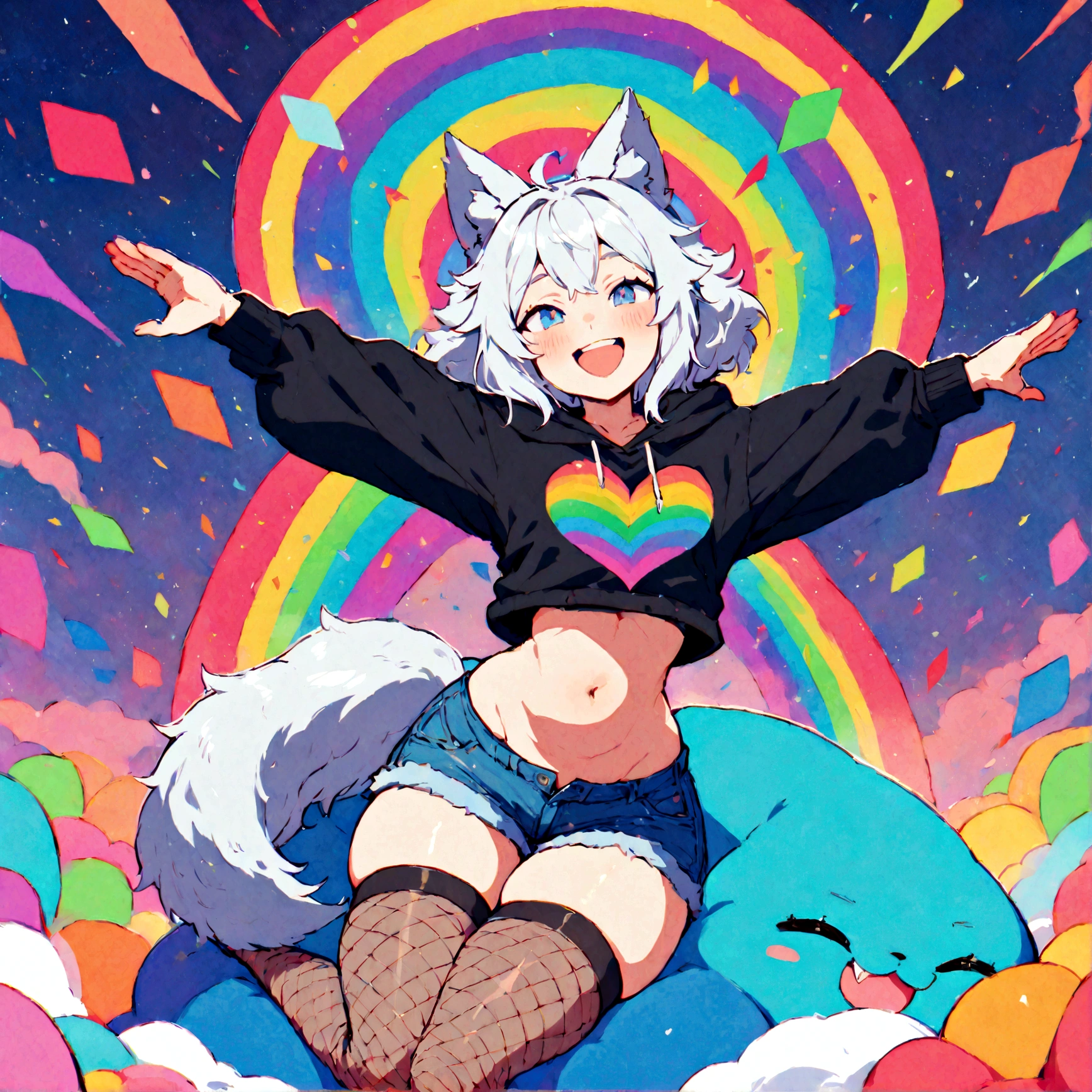 a cute adult male with wolf ears, white hair, has a wolf tail, wearing a loose cropped oversized black hoodie, wearing a pair of denim short shorts and thigh high fishnet stockings, thick thighs, wide hips, relaxing on mound of fluffy multi colored kawaii plushies, short, very slim, showing slender tummy, stretching out, heart on hoodie, squishy thighs, has glowing blue eyes. alone, solo (ALONE)(SOLO), surrounded by rainbows, colorful galaxy backround, mouth wide open grin, very happy, excited, nice butt