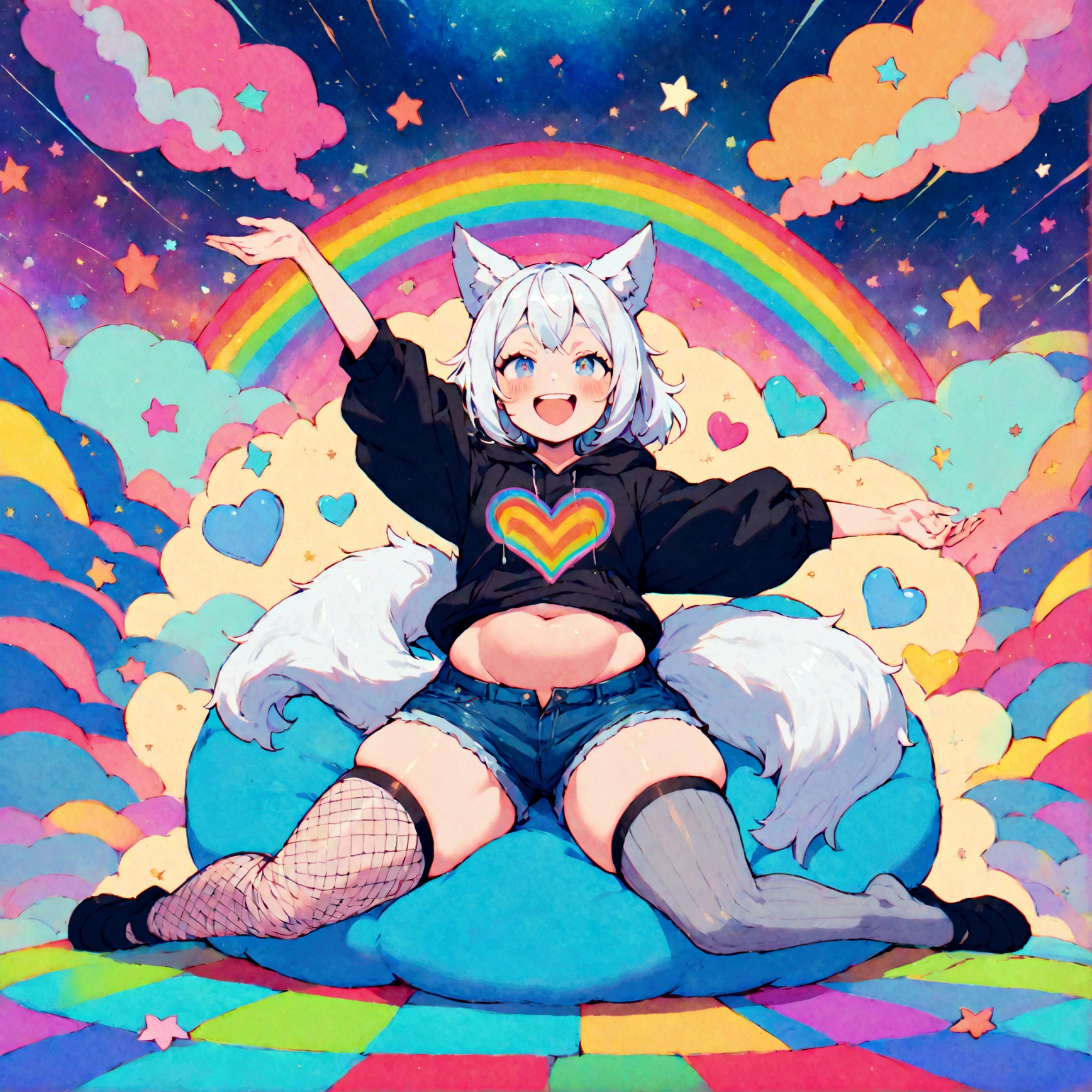a cute adult male with wolf ears, white hair, has a wolf tail, wearing a loose cropped oversized black hoodie, wearing a pair of denim short shorts and thigh high fishnet stockings, thick thighs, wide hips, relaxing on mound of fluffy multi colored kawaii plushies, short, very slim, showing slender tummy, stretching out, heart on hoodie, squishy thighs, has glowing blue eyes. alone, solo (ALONE)(SOLO), surrounded by rainbows, colorful galaxy backround, mouth wide open grin, very happy, excited, nice butt