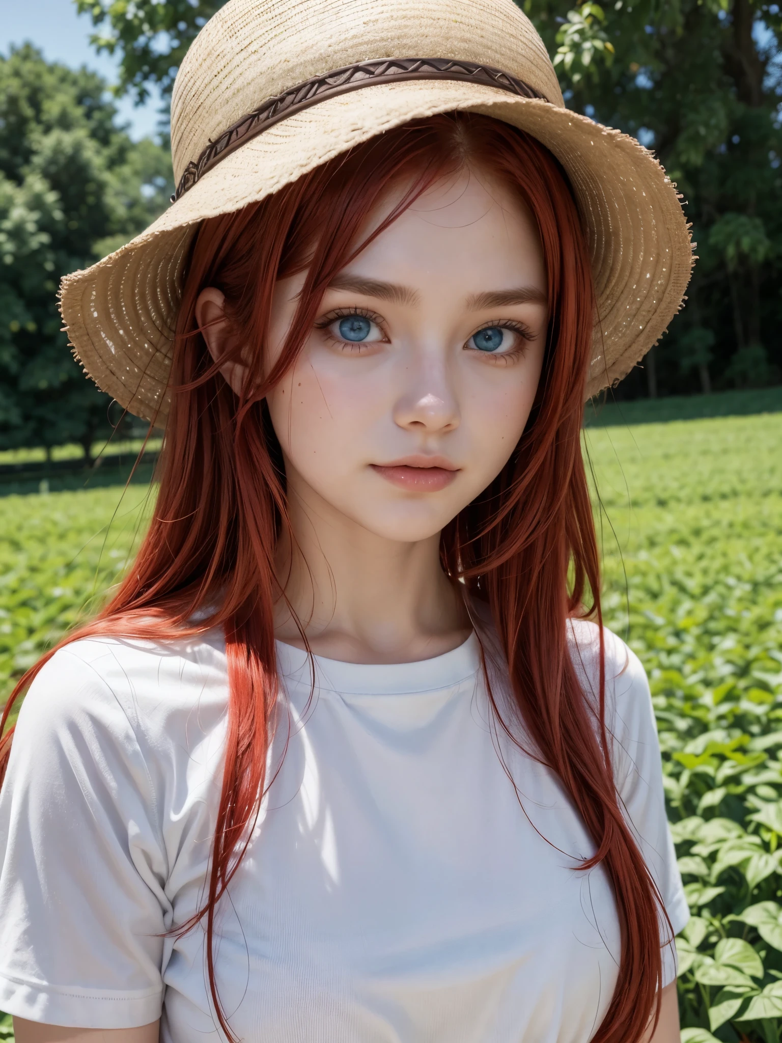 Hot girl, red hair, blue eyes,farmer cloathing