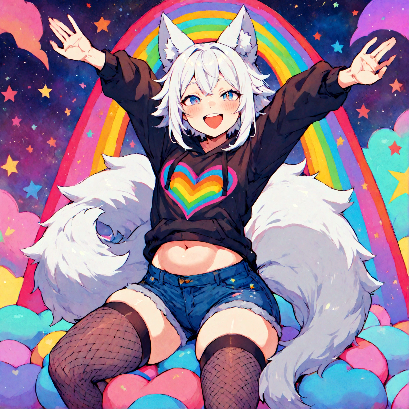 a cute adult male with wolf ears, white hair, has a wolf tail, wearing a loose cropped oversized black hoodie, wearing a pair of denim short shorts and thigh high fishnet stockings, thick thighs, wide hips, relaxing on mound of fluffy multi colored kawaii plushies, short, very slim, showing slender tummy, stretching out, heart on hoodie, squishy thighs, has glowing blue eyes. alone, solo (ALONE)(SOLO), surrounded by rainbows, colorful galaxy backround, mouth wide open grin, very happy, excited, nice butt