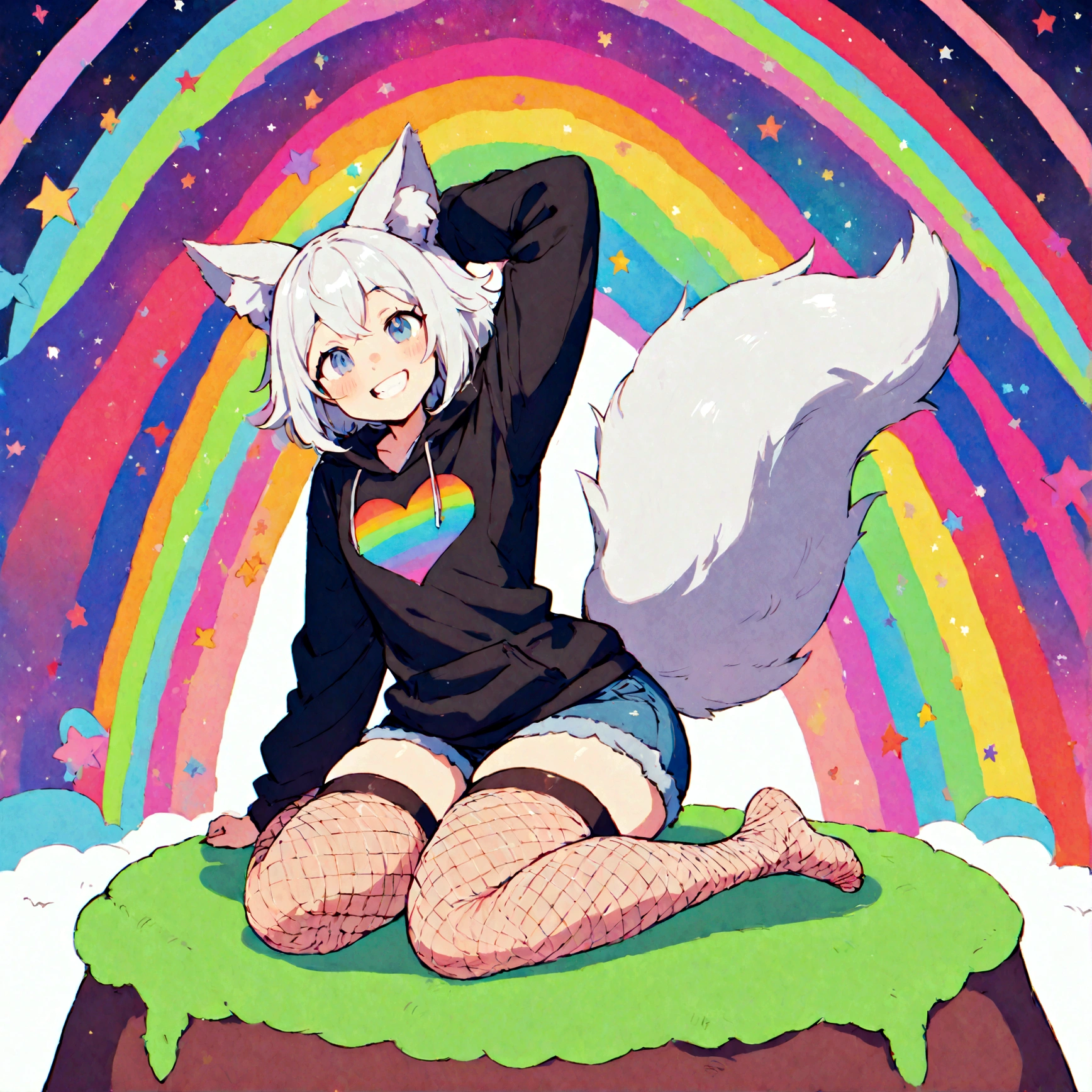 a cute adult male with wolf ears, white hair, has a wolf tail, wearing a loose cropped oversized black hoodie, wearing a pair of denim short shorts and thigh high fishnet stockings, thick thighs, wide hips, relaxing on mound of fluffy multi colored kawaii plushies, short, very slim, showing slender tummy, stretching out, heart on hoodie, squishy thighs, has glowing blue eyes. alone, solo (ALONE)(SOLO), surrounded by rainbows, colorful galaxy backround, mouth wide open grin, very happy, excited, nice butt
