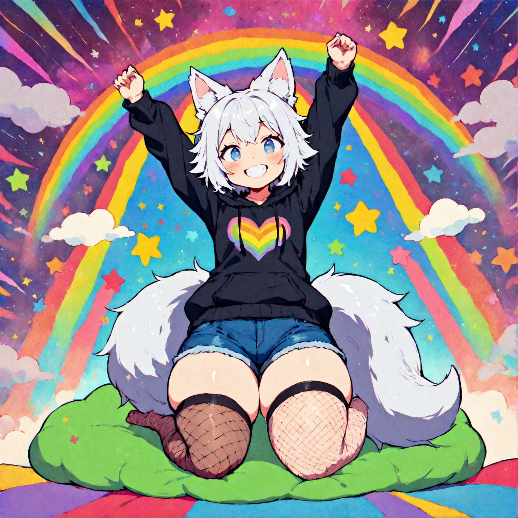 a cute adult male with wolf ears, white hair, has a wolf tail, wearing a loose cropped oversized black hoodie, wearing a pair of denim short shorts and thigh high fishnet stockings, thick thighs, wide hips, relaxing on mound of fluffy multi colored kawaii plushies, short, very slim, showing slender tummy, stretching out, heart on hoodie, squishy thighs, has glowing blue eyes. alone, solo (ALONE)(SOLO), surrounded by rainbows, colorful galaxy backround, mouth wide open grin, very happy, excited, nice butt