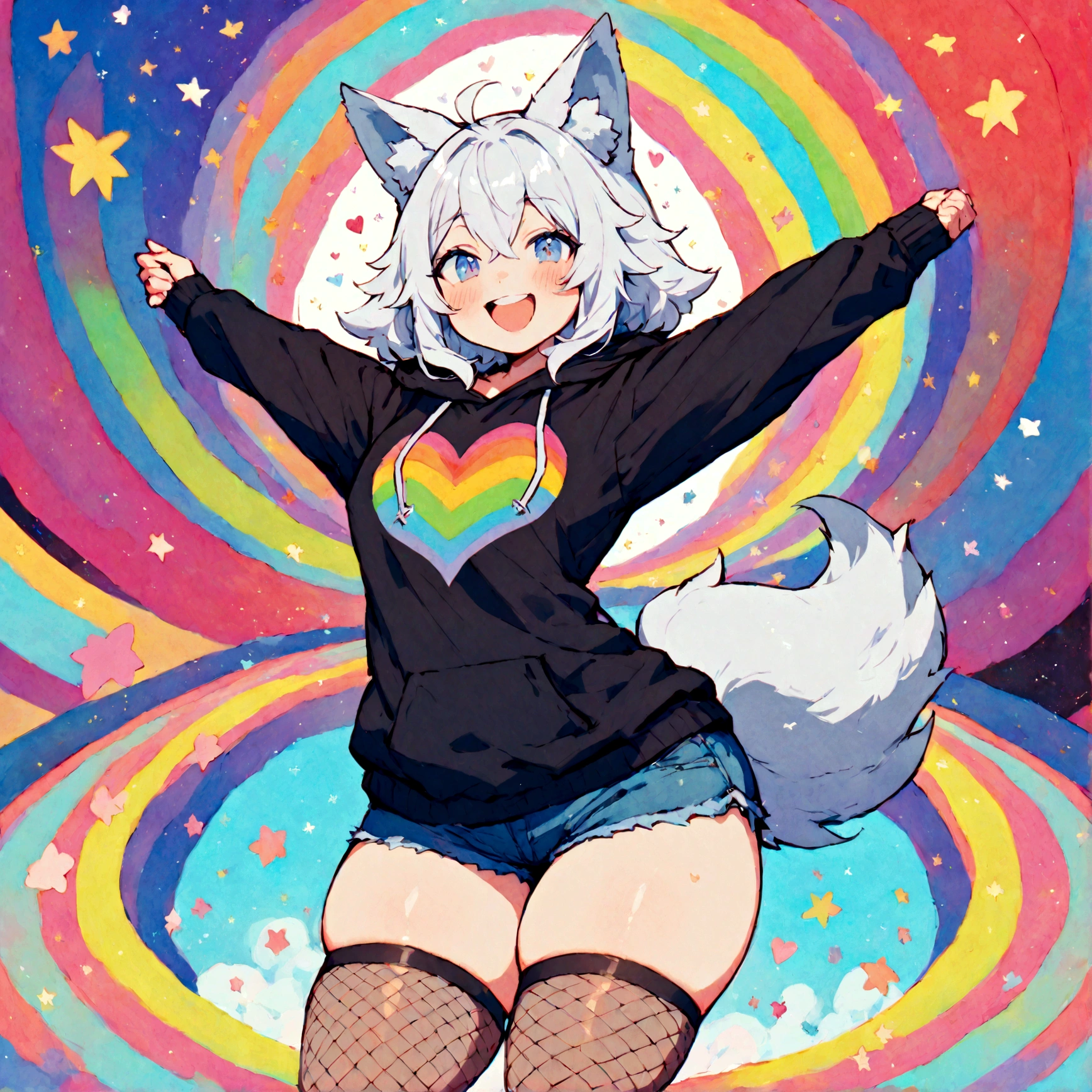 a cute adult male with wolf ears, white hair, has a wolf tail, wearing a loose cropped oversized black hoodie, wearing a pair of denim short shorts and thigh high fishnet stockings, thick thighs, wide hips, relaxing on mound of fluffy multi colored kawaii plushies, short, very slim, showing slender tummy, stretching out, heart on hoodie, squishy thighs, has glowing blue eyes. alone, solo (ALONE)(SOLO), surrounded by rainbows, colorful galaxy backround, mouth wide open grin, very happy, excited, nice butt
