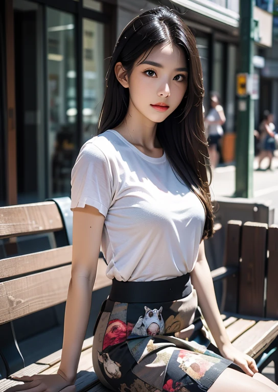 Upper body shot,Close-up photo、best quality, A woman sitting on a bench , summer_skirt, dogs printed in the skirt