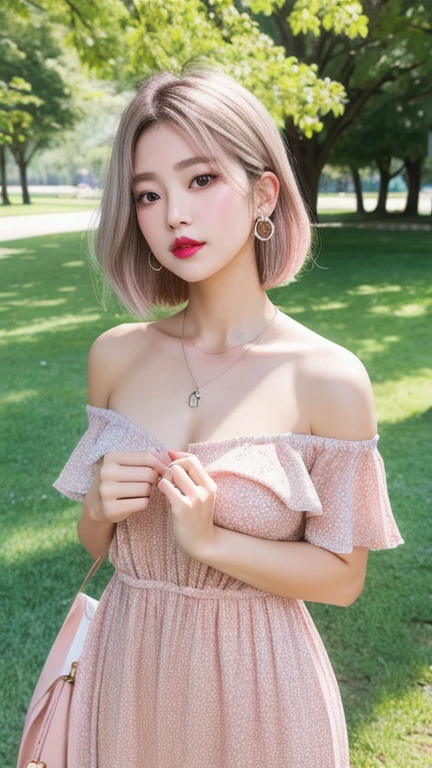 (8k, Photorealistic, Raw photo, Highest quality: 1.4),Japanese idol style１Beautiful girl of the person,20-year-old,Short bob hairstyle,Silver Hair,Hang your hair over your ears,Wearing small earrings in the ears,Big, clear grey eyes,Long eyelashes,Plump Cheeks,She is wearing pale pink lipstick.,Apply gloss over your lipstick for glossy, plump lips,A short pendant is hanging around her neck.,The nails on both hands are painted with light pink nail polish.,She is wearing an off-the-shoulder, sleeveless dress,Standing barefoot on the grass in the park,Full body portrait