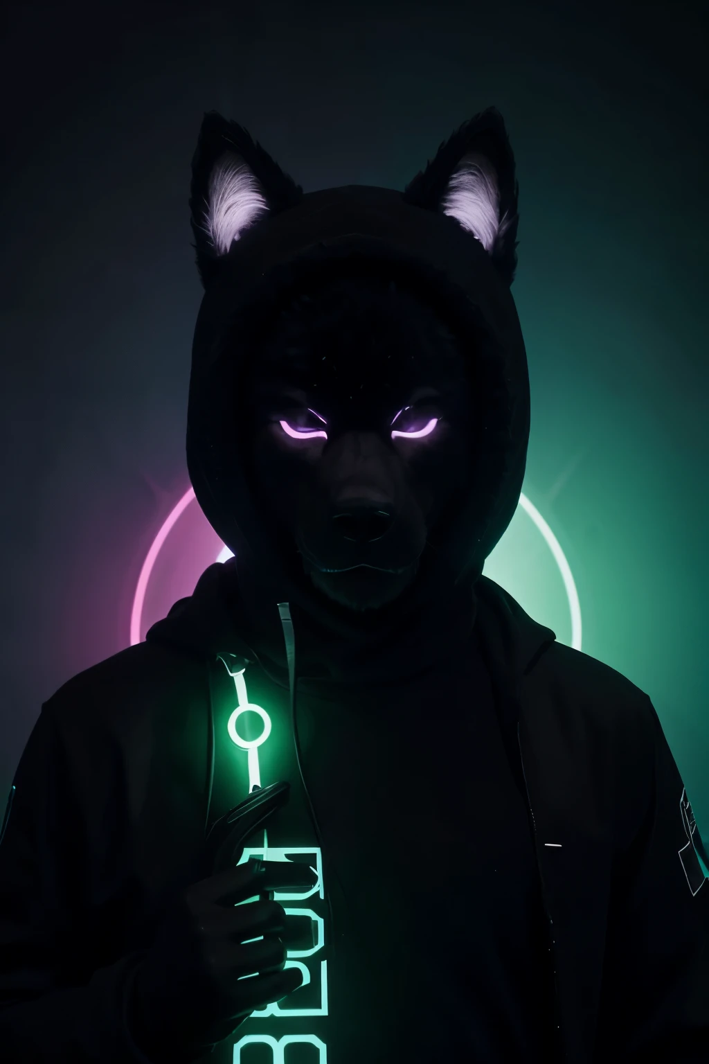 Fondo negro, oso polar, hacker, green lighting, estilo anime, furry, cuerpo completo,
