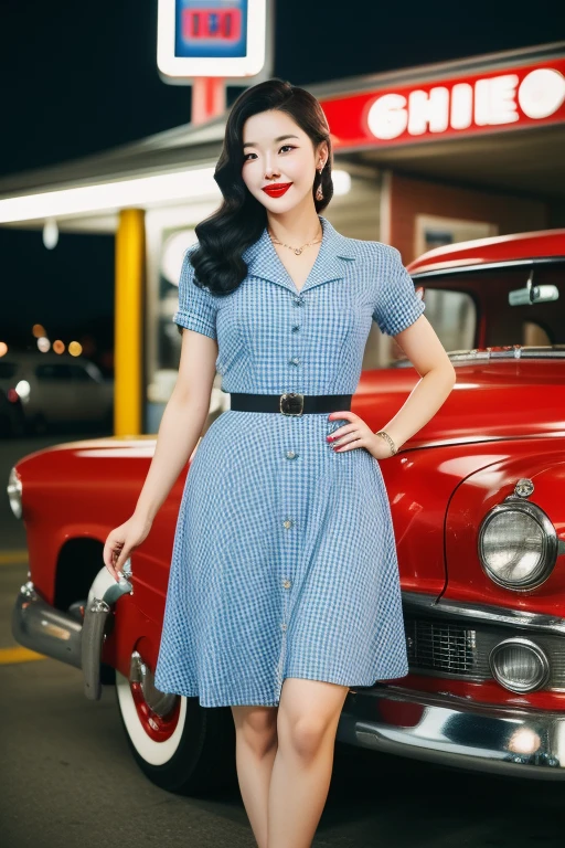A beautiful young korean woman with vintage 1950s style stands confidently in front of a classic blue car at a retro gas station. She wears a form-fitting, blue gingham dress that accentuates her figure, complemented by red lipstick and elegant, curled black hair. The gas station has a nostalgic feel, with red and white accents and a classic gas pump. The night sky above is clear, adding a serene ambiance to the scene. The overall mood is nostalgic and glamorous, capturing the essence of mid-20th-century Americana.