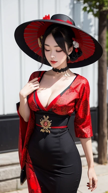 Beautiful Geisha，She is wearing a tight fitting black dress with red patterns，Wearing a hat that covers one eye