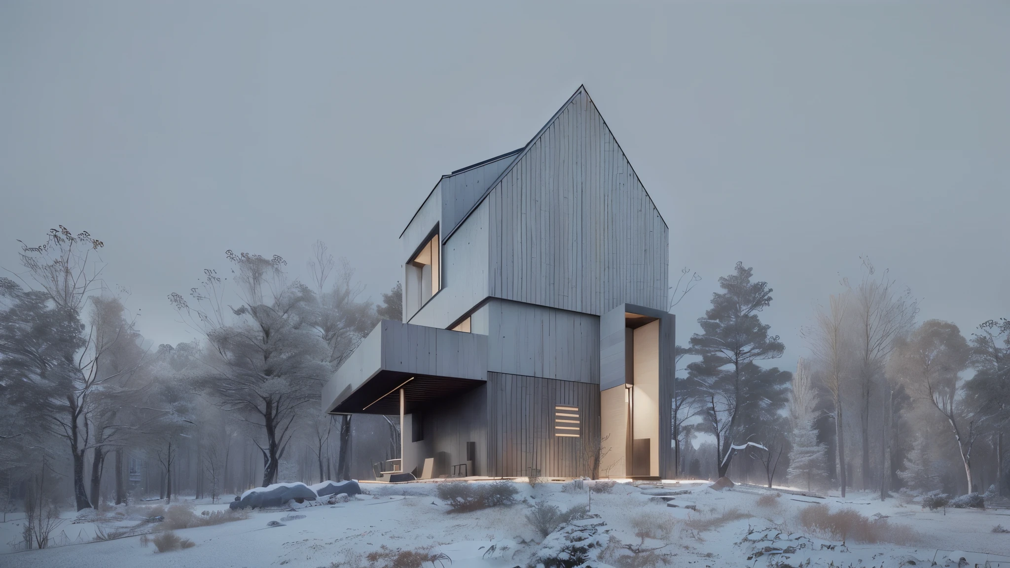 Casa  en una colina con una luz encendida en medio de la noche., minimalistic casa en la madera, casa en el bosque, modern casa en la madera, casa en la madera, render arquitectura, architectural rendering, renderizar en vray, Arquitectura realista, renderizado 3D muy realista, la casa en el bosque, archviz, a photorealistic rendering