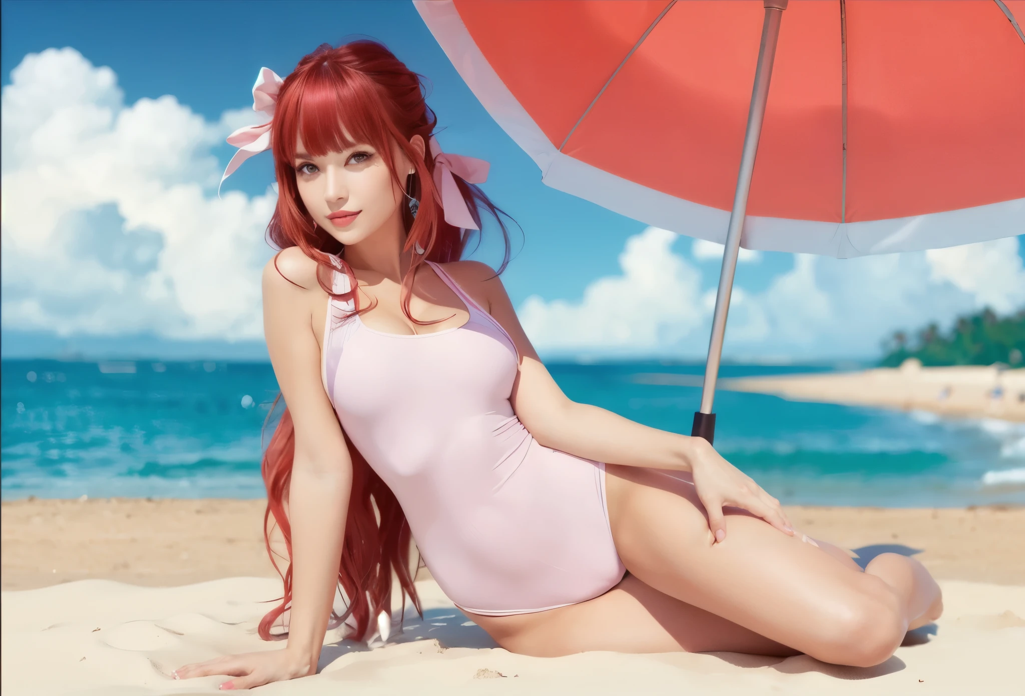 a red hair girl in a pink swimsuit laying on a beach under an umbrella, (1girl:1.2), detailed face, beautiful eyes, red eyes, blunt bangs, long hair, ahoge, high ponytail, straight hair, pink hair ribbon, detailed nose and lips, intricate details, highly detailed, (best quality,8k,hyperrealistic,photorealistic,masterpiece:1.2),ultra-detailed,sharp focus,physically-based rendering,vivid colors,natural lighting,sunlight,ocean waves,sandy beach,pink umbrella,swimsuit,