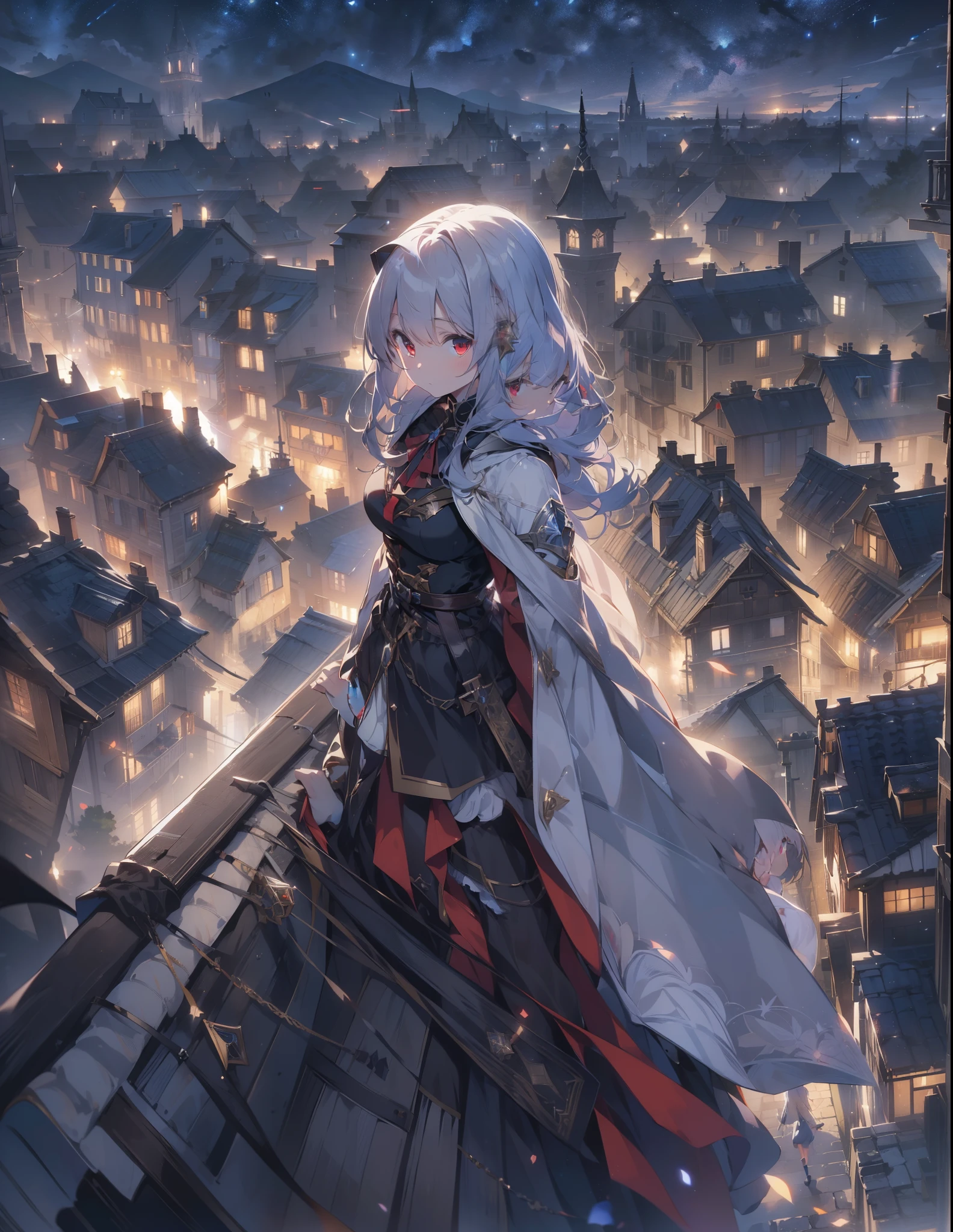 ((style:Colored pencil,pale colour))、Very detailed、(anime)、(masterpiece:1.2),atmospheric perspective,lens flare、Medieval European streets、Assassin girl standing on the roof of a building、Wearing a hood、cute、Red eyes、Your eyes shine in the moonlight、assassin girl、(Assassin's Costume)、Fantasy World、Display the girl larger、Black Assassin Gear