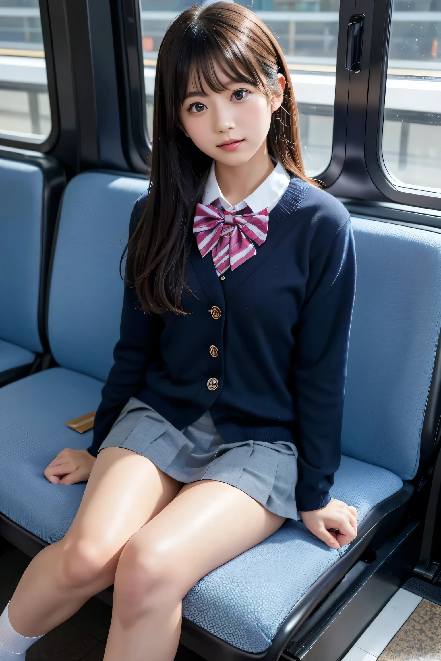 High angle shot、Center View、An Asian woman in a short skirt and bow tie is sitting on a train、Cute school girl、Japanese girls uniform、Wear Japan 、Japanese 、Surreal 、Dressed as a high school girl、Surreal 、Wearing a uniform、Realistic high school girl、Girl in uniform、Wearing a uniform、 Pause、Esbian all over、Beautiful skin、Glowing Skin、Nice thighs、Shining thighs、Shining Legs、barefoot , Japanese High School 、Nogizaka Idol、Korean Idol