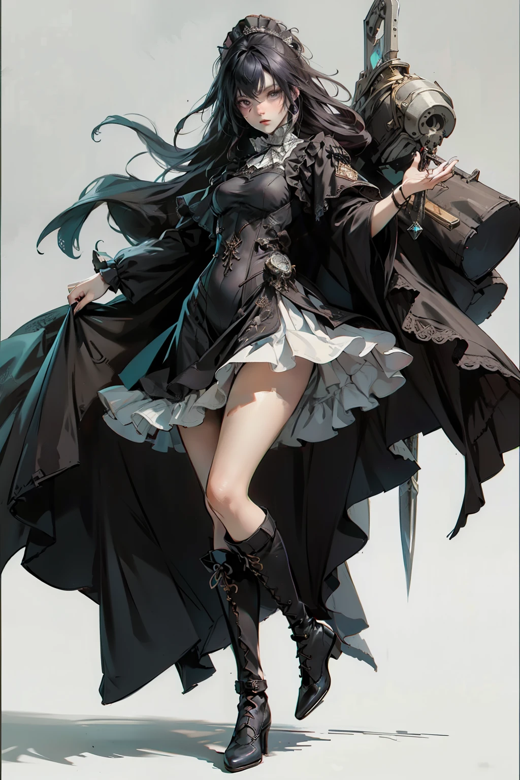 ((best quality)), ((masterpiece)), (detailed), blank white background, plain background, white background, Bloodborne inspired,  occult aesthetic, occult, detailed and intricate steampunk and detailed gothic, NSFW, Very dramatic and cinematic lighting, cosmic horror, grim-dark, side-lighting, perfect face, NSFW, Fluttering lace flared long knee length dress with frilly petticoats, knee length dress, pleated petticoats,  dress, petticoats gothic lolitalex lace boots, wielding a sword and holding a shield, side-lighting, gothic lolita aesthbeautiful small breasts, small breull body, wholebody, plain background, white background, blank background, no background, white background NSFW, full body, whole body, head-to-toe