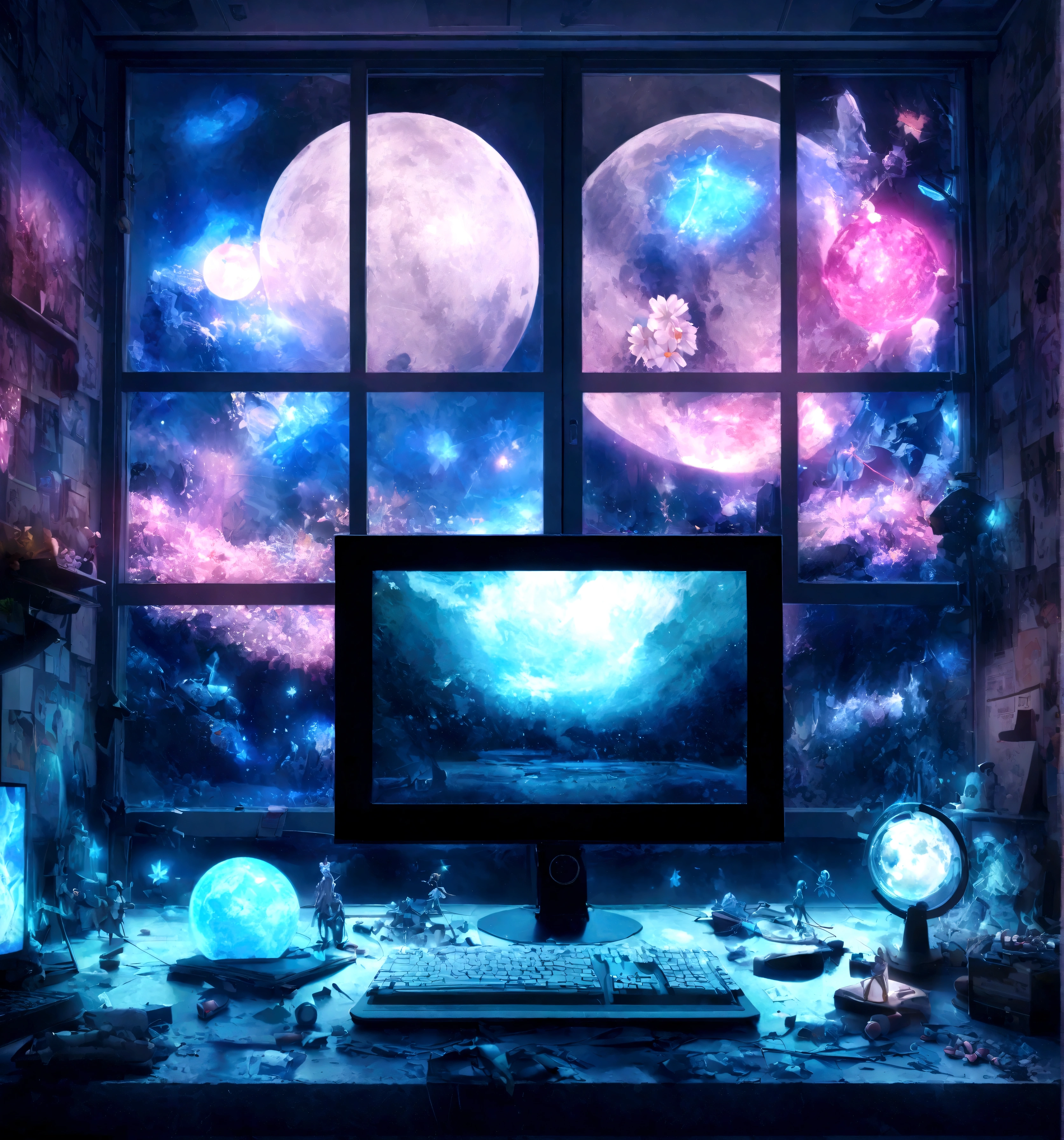 on the table、nobody、pill、liquid crystal、moon、computer monitor、liquid crystalpill、smartphone、wall、Dark atmosphere、Blue neon light、Blue star、keyboard、Vocal Microphone、earphone、Large windows、landscape、White flowers and a notebook on the table in front of the window, Figures inspired by Urakami Gyodo, Pixiv competition winner, magic realism, Magic Laboratory Background, Magic Background, background technology, Personal room background, Random background scenes, anime background technology, cozy cafe background, Fairy tale style background, background technologywork, Mobile game background